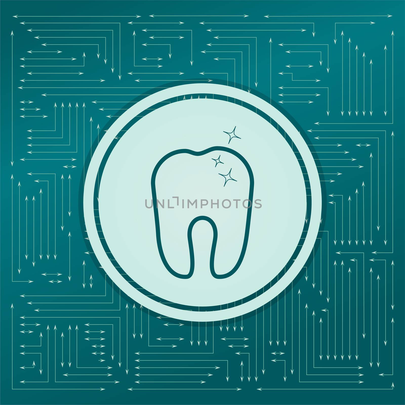 Tooth Icon on a green background, with arrows in different directions. It appears on the electronic board. illustration