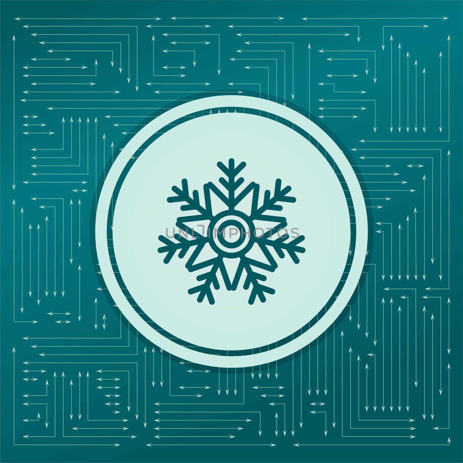 Snowflake icon on a green background, with arrows in different directions. It appears on the electronic board. illustration