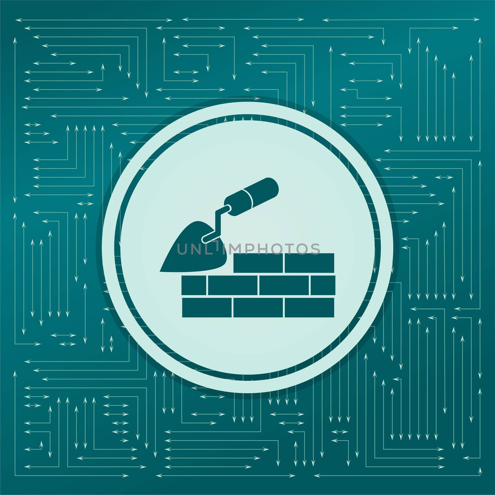 Trowel building and brick wall icon on a green background, with arrows in different directions. It appears on the electronic board. illustration