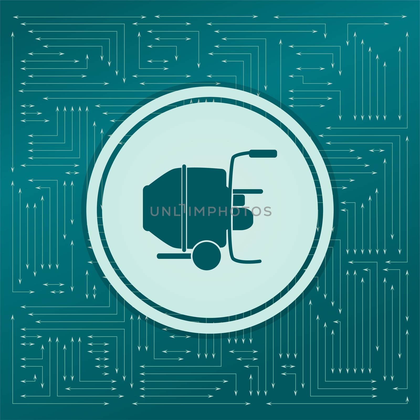 Concrete mixer icon on a green background, with arrows in different directions. It appears on the electronic board. illustration