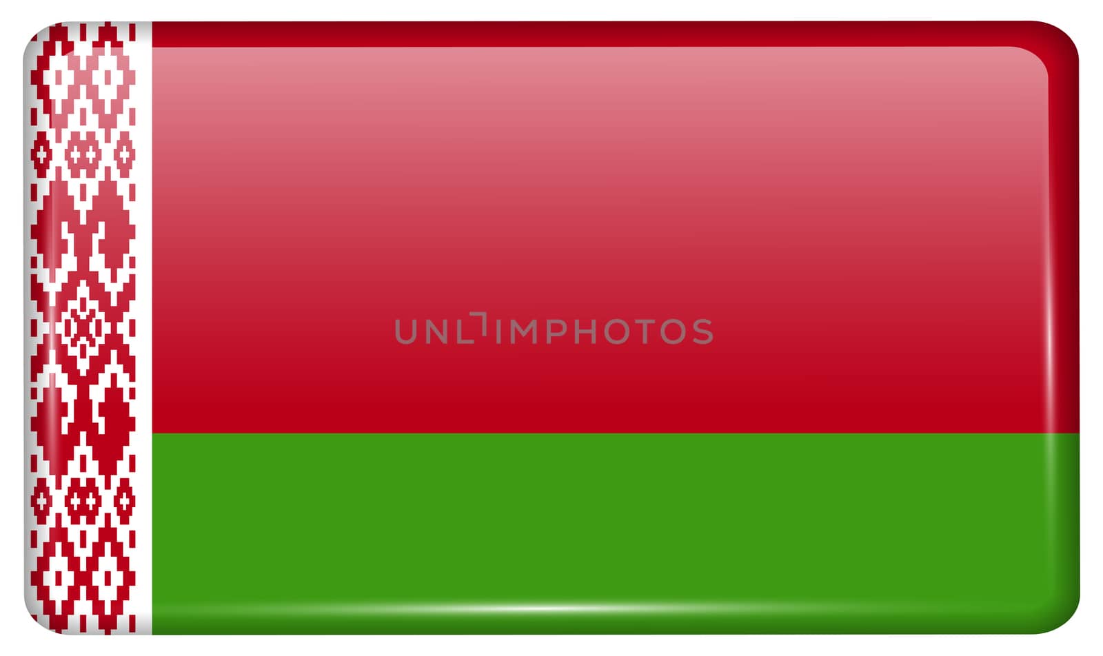 Flags of Belarus in the form of a magnet on refrigerator with reflections light. illustration