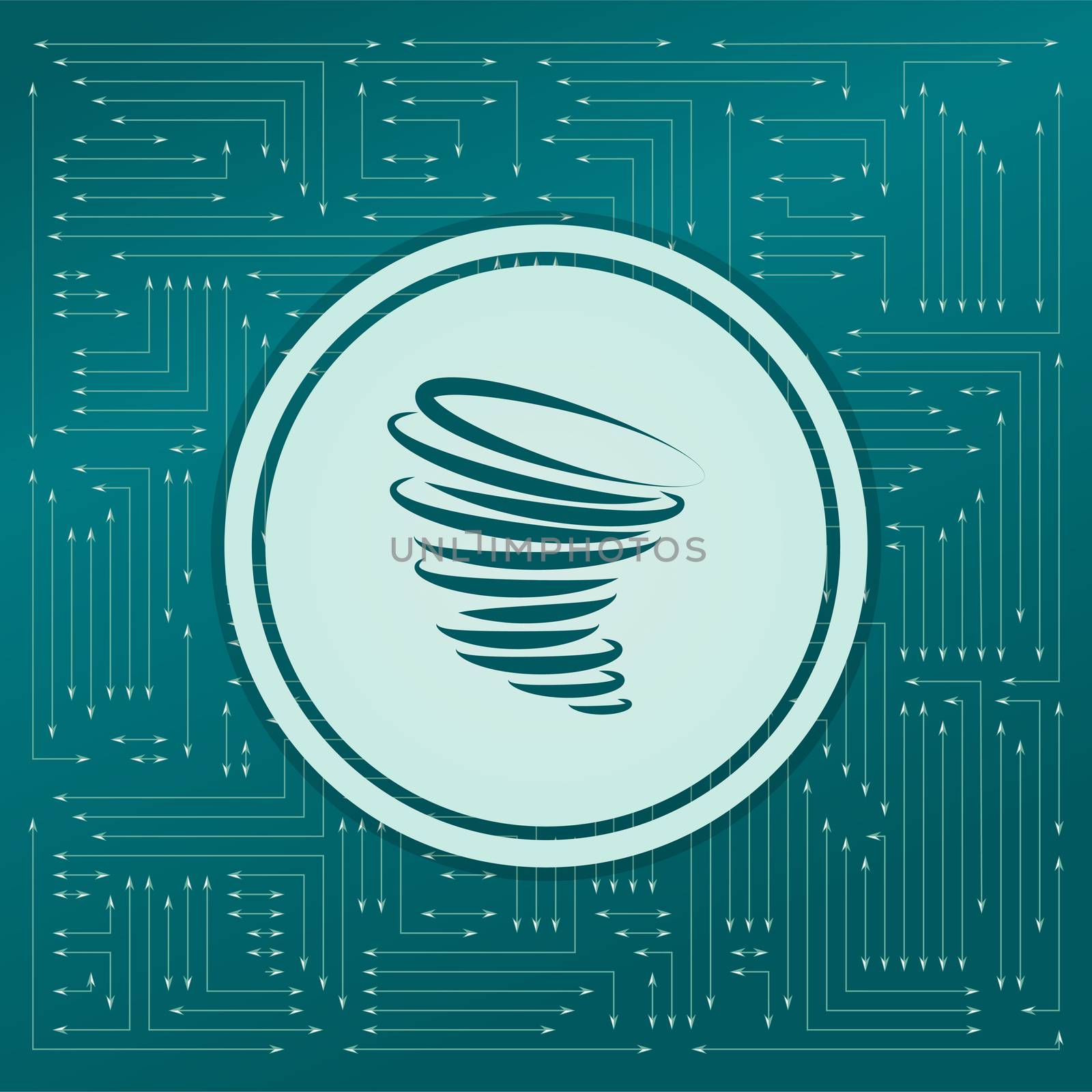 Tornado icon on a green background, with arrows in different directions. It appears on the electronic board. illustration