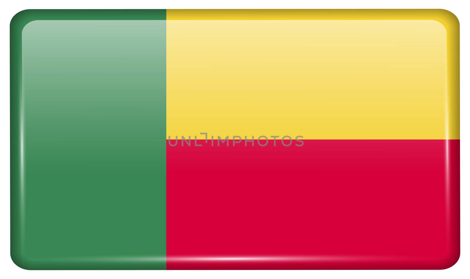 Flags of Benin in the form of a magnet on refrigerator with reflections light. illustration