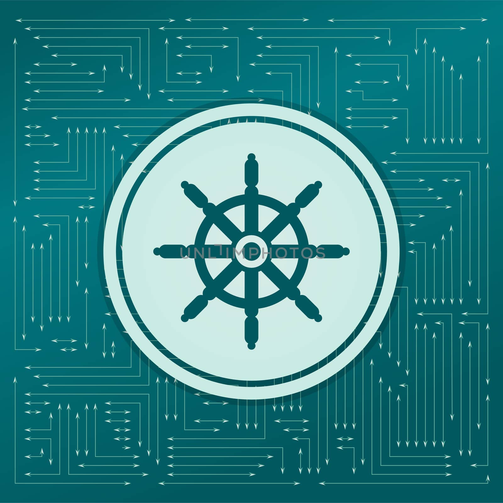 Ship steering wheel icon on a green background, with arrows in different directions. It appears on the electronic board. illustration