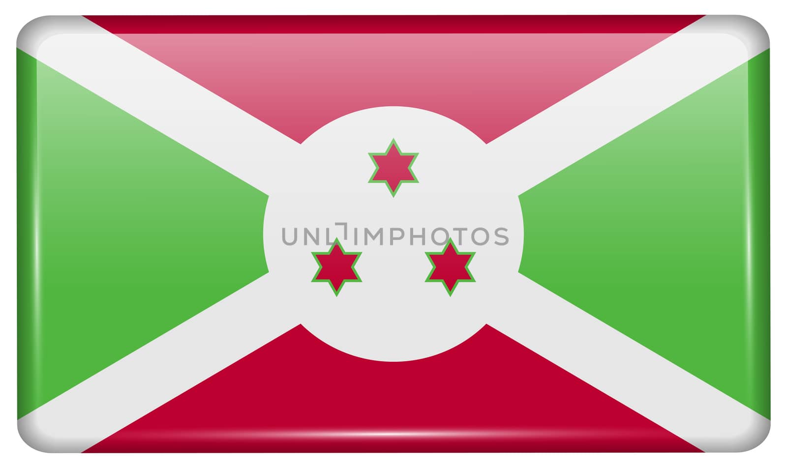 Flags of Burundi in the form of a magnet on refrigerator with reflections light. illustration