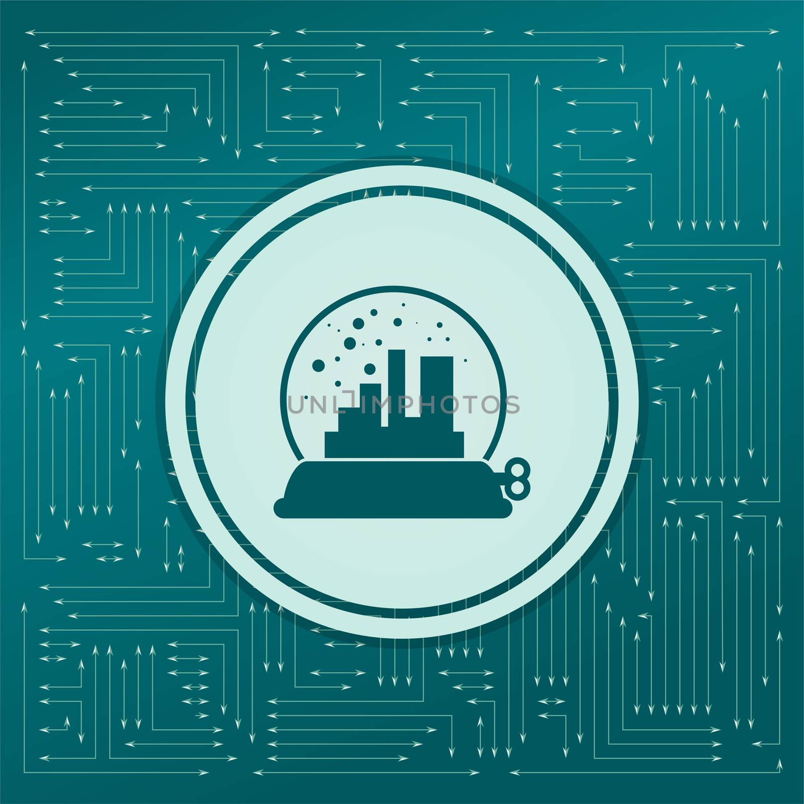 factory icon on a green background, with arrows in different directions. It appears on the electronic board. illustration