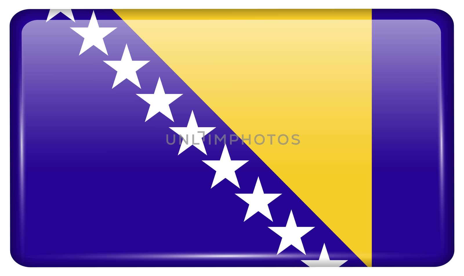 Flags of Bosnia and Herzegovina in the form of a magnet on refrigerator with reflections light. illustration