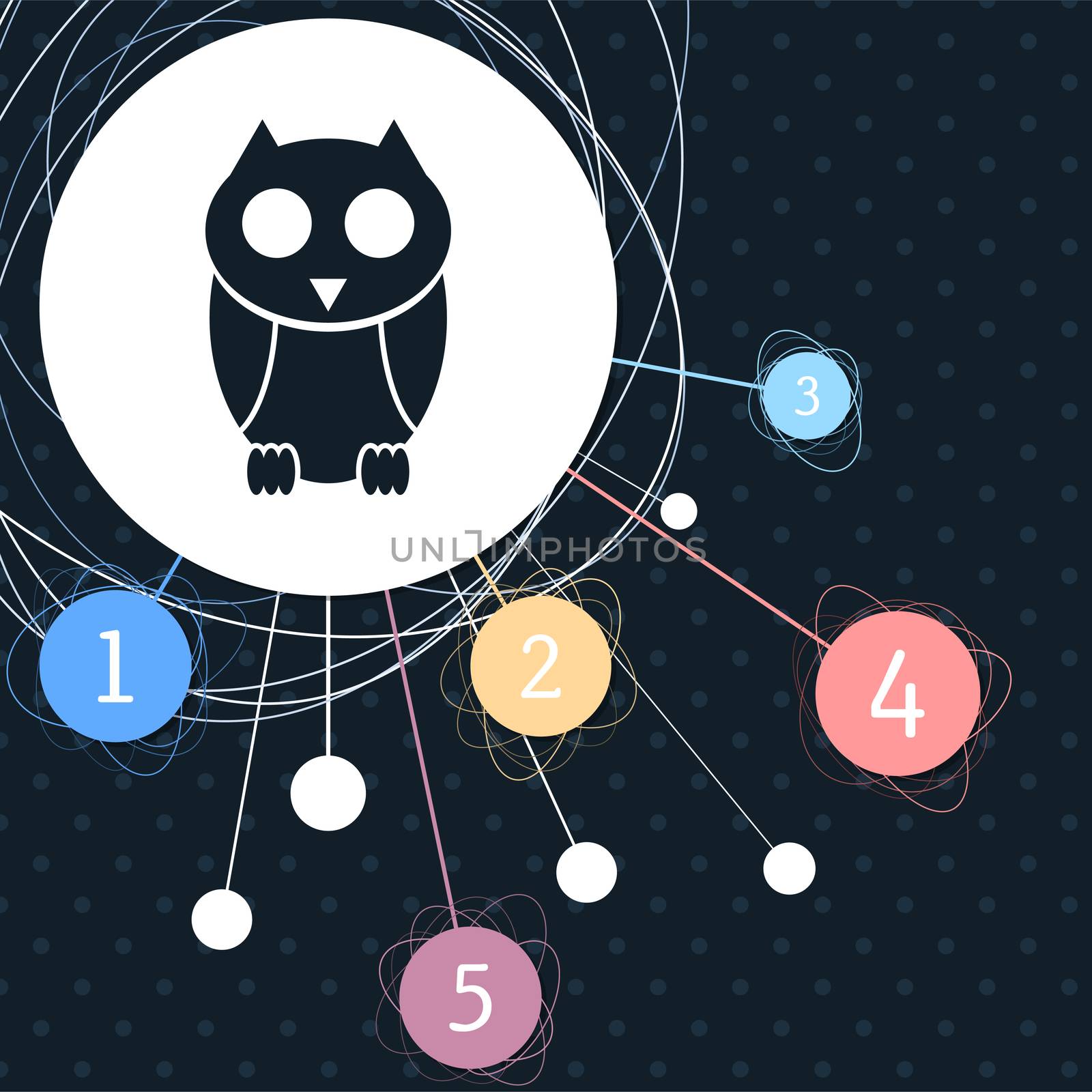 Cute owl cartoon character icon with the background to the point and with infographic style. illustration