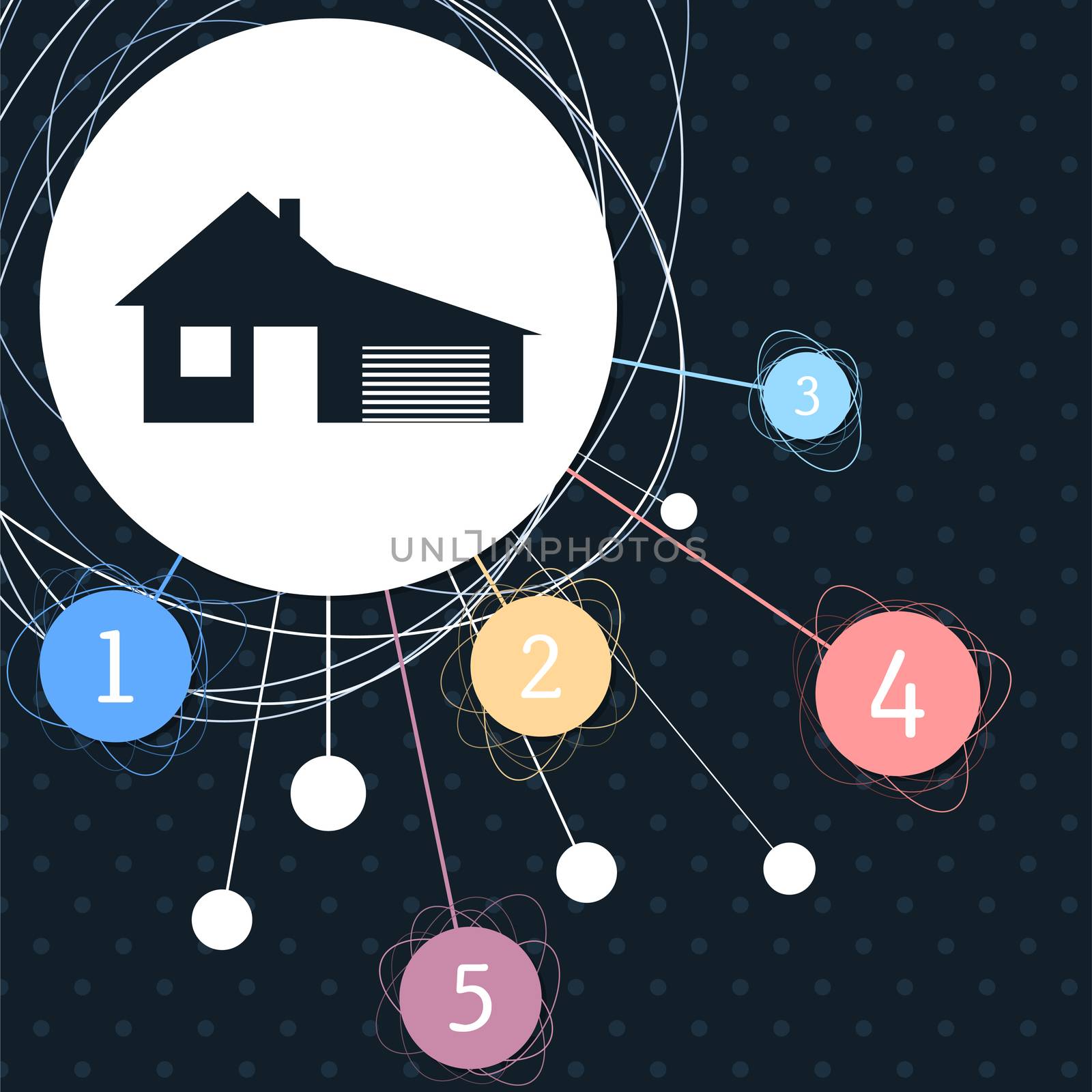 house with garage icon with the background to the point and with infographic style. illustration