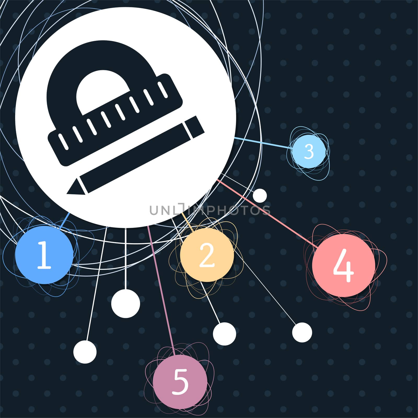 Protractor, ruler, pen icon with the background to the point and with infographic style. illustration