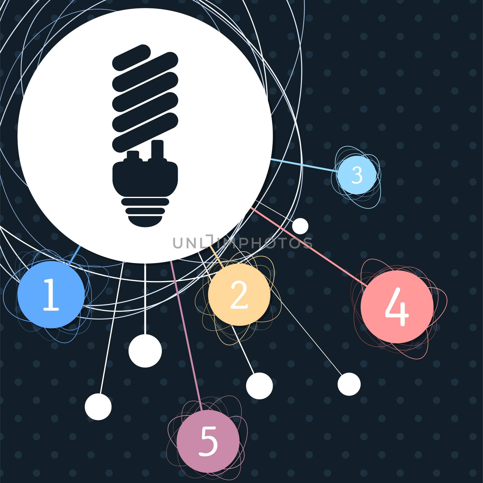 Energy saving light bulb icon with the background to the point and with infographic style. illustration