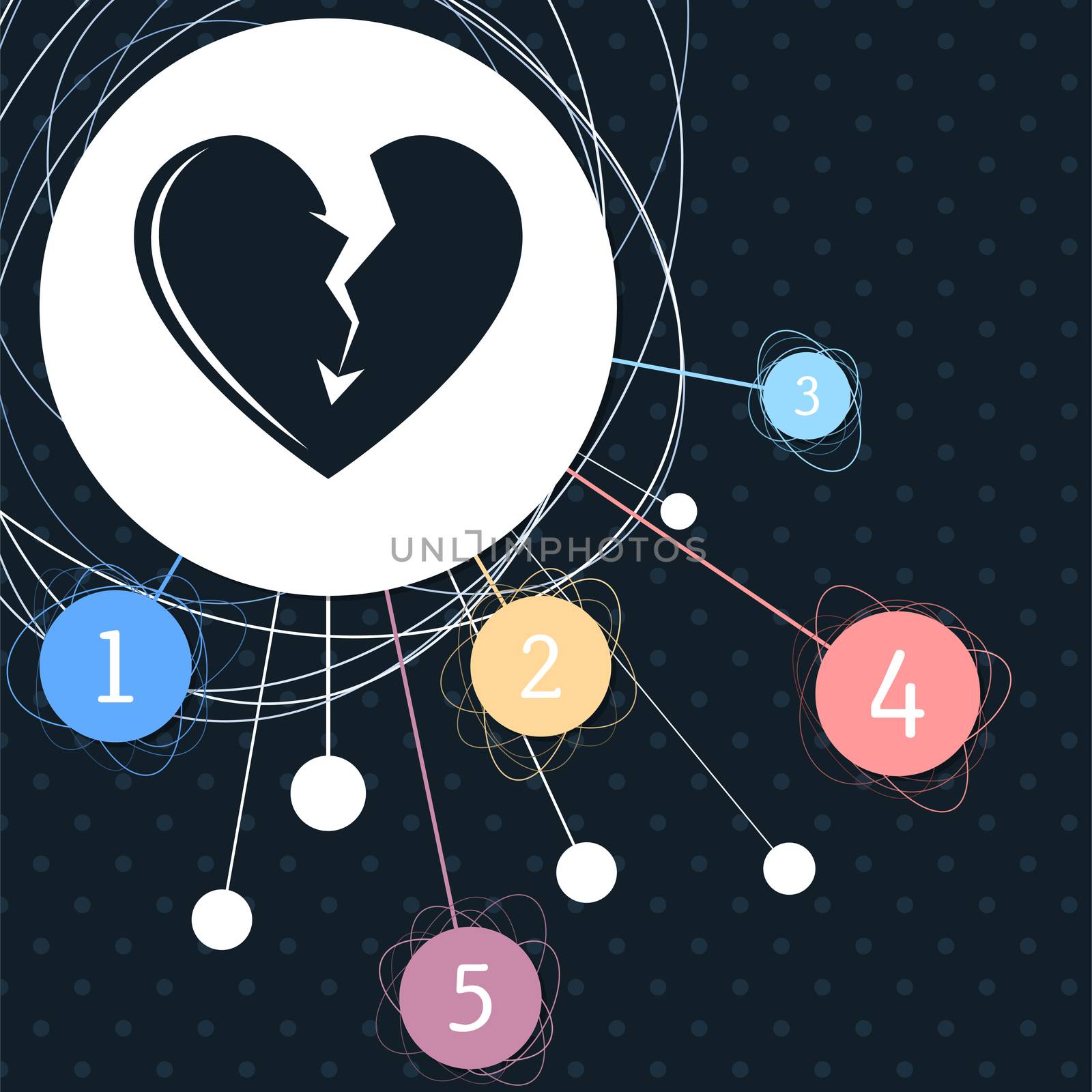 Broken heart icon with the background to the point and with infographic style. illustration