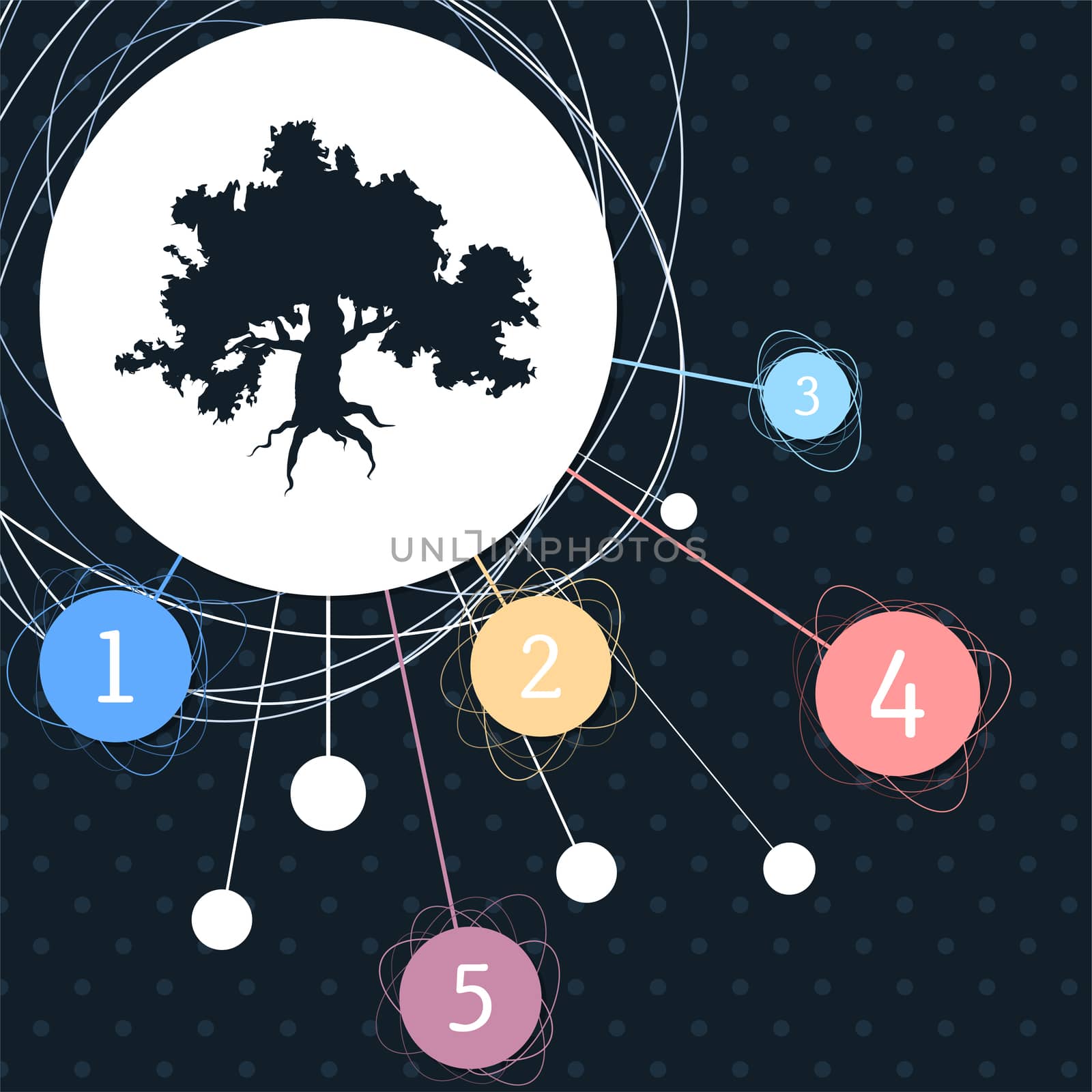 Decorative green simple tree icon with the background to the point and with infographic style. illustration
