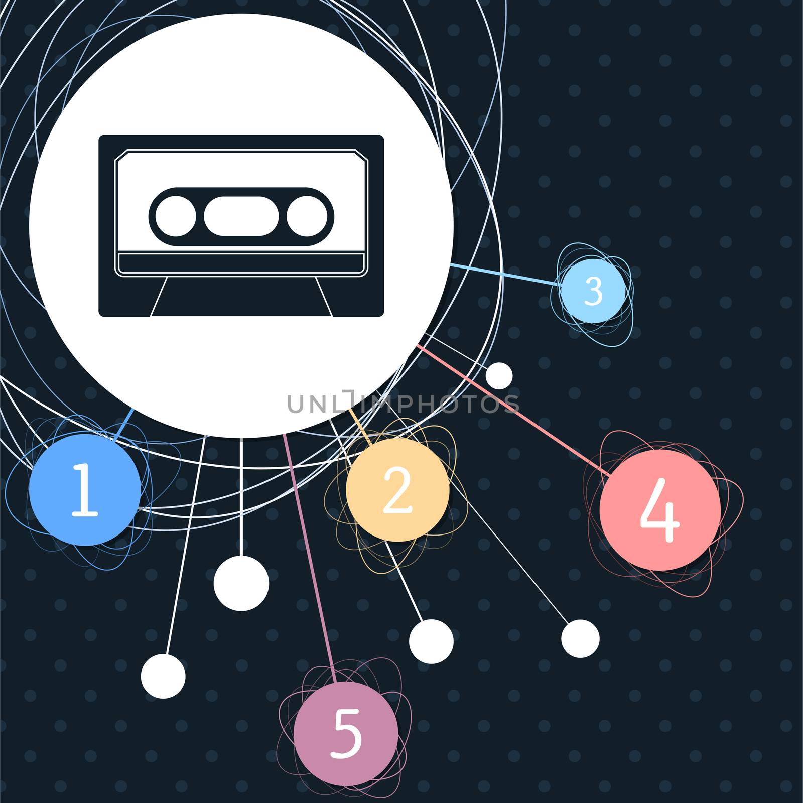 Cassette icon with the background to the point and with infographic style. illustration