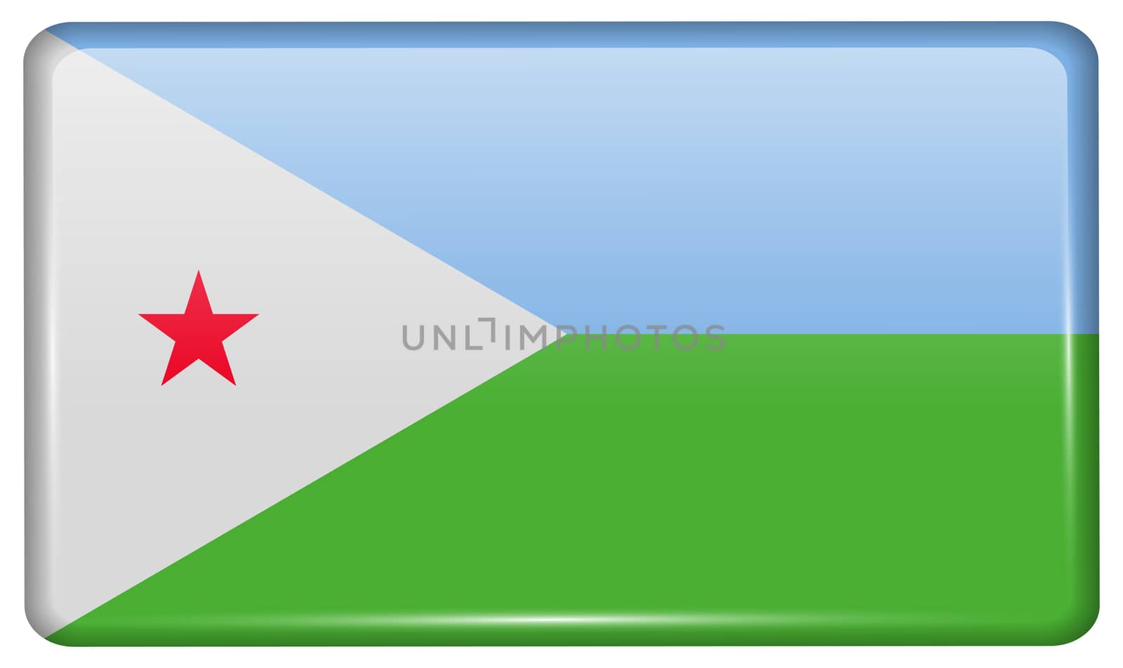 Flags of Djibouti in the form of a magnet on refrigerator with reflections light. illustration