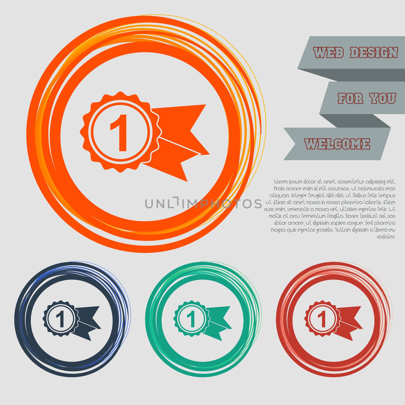 award, badge with ribbons icon on the red, blue, green, orange buttons for your website and design space text.  by Adamchuk