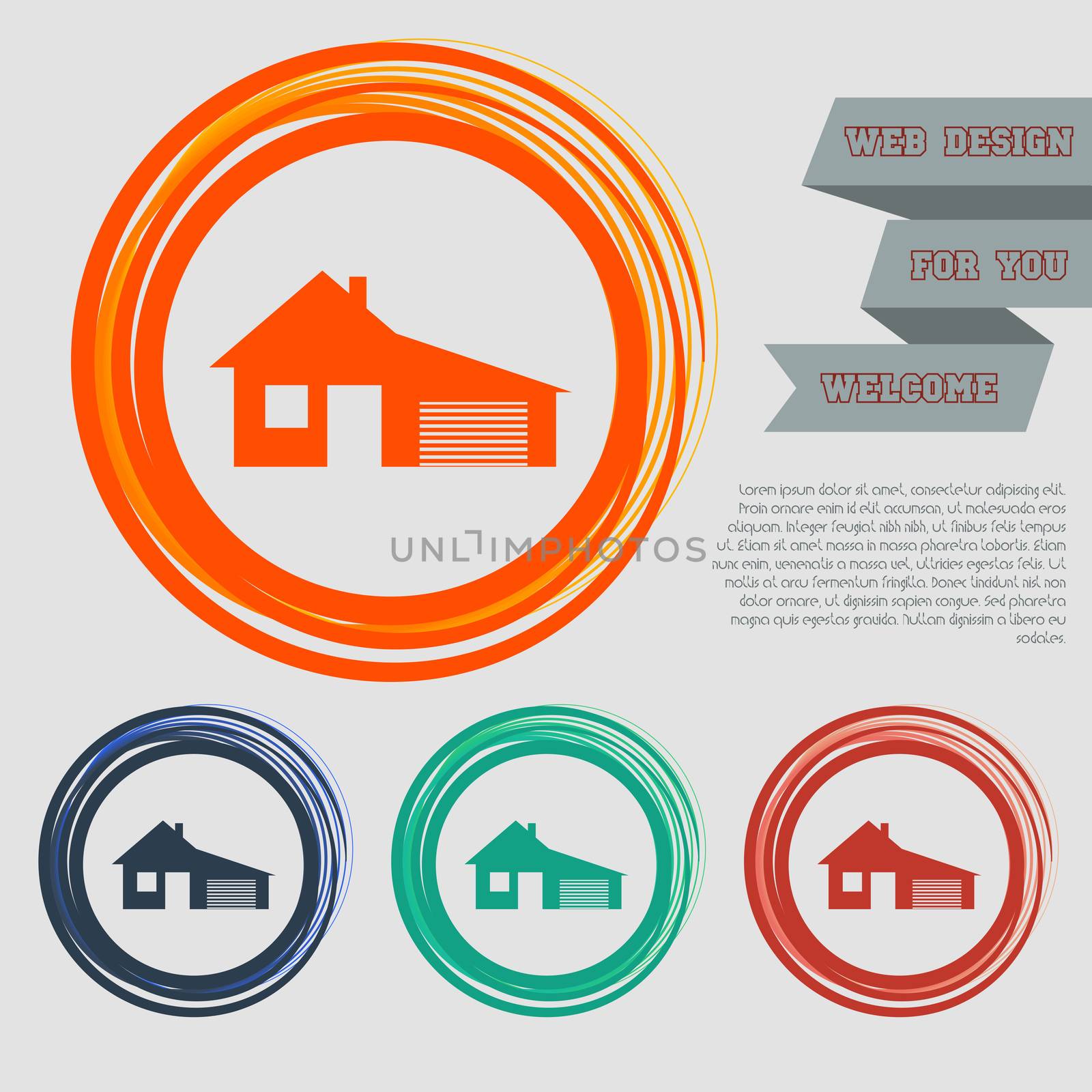 house with garage icon on the red, blue, green, orange buttons for your website and design space text.  by Adamchuk