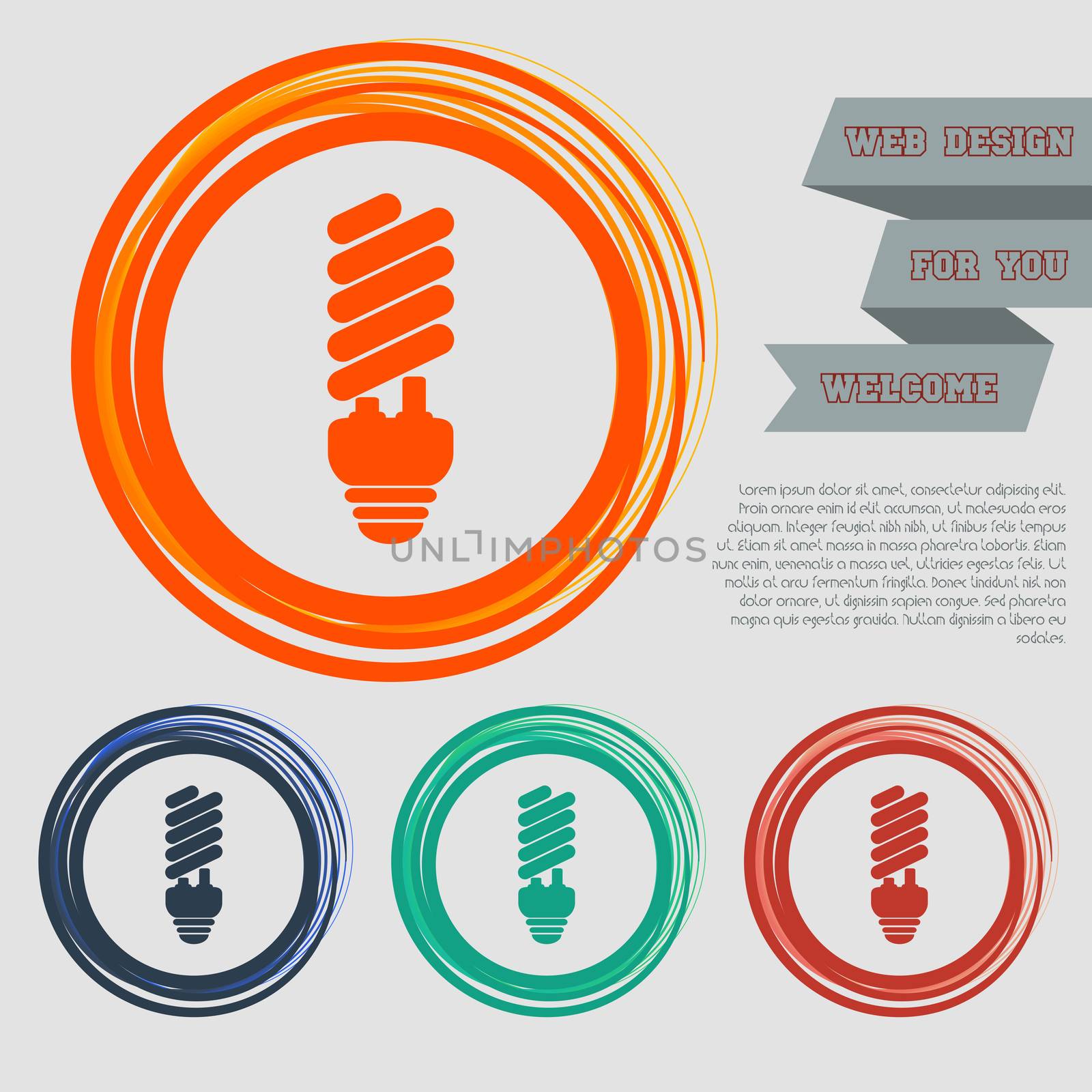 Energy saving light bulb icon on the red, blue, green, orange buttons for your website and design with space text.  by Adamchuk