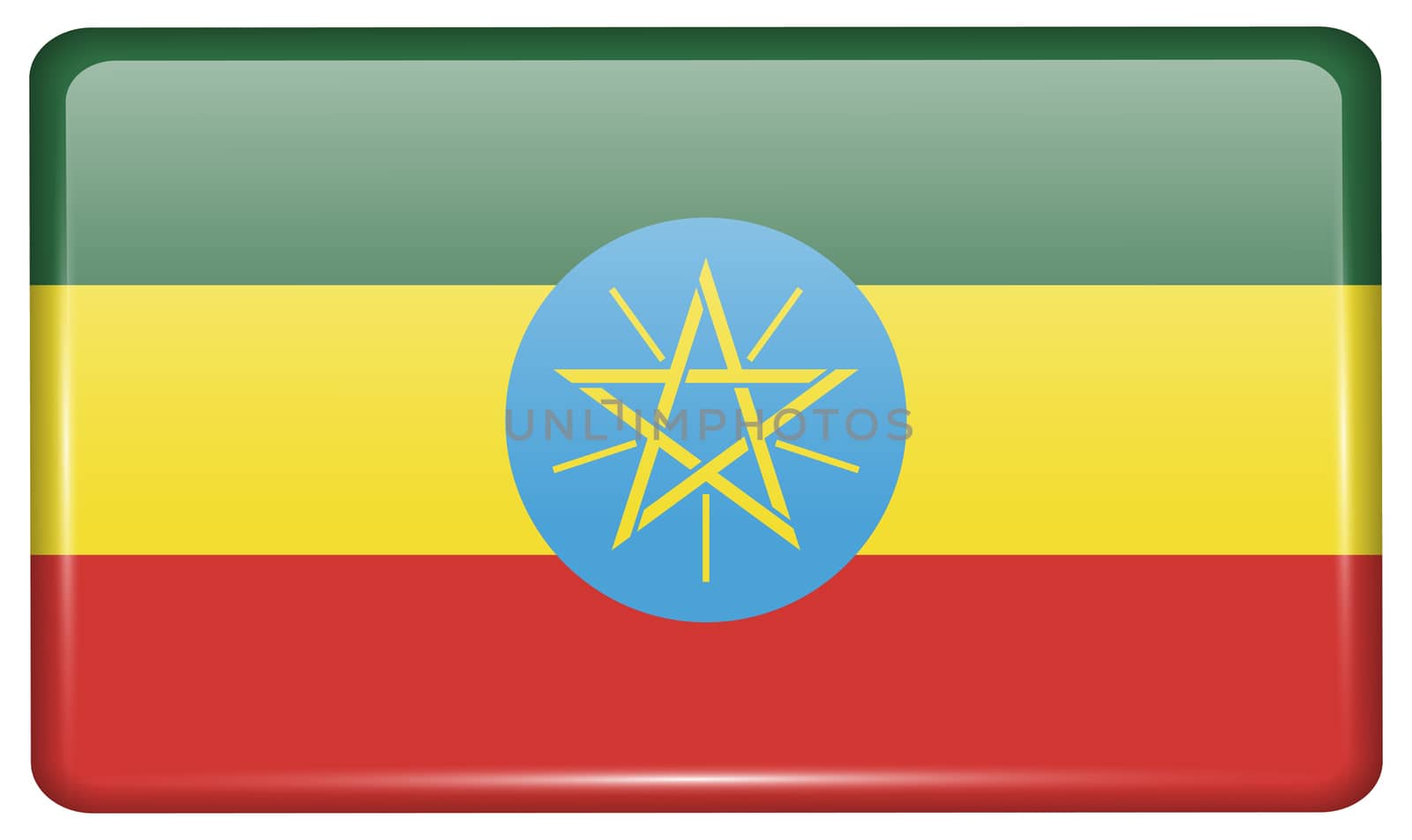 Flags of Ethiopia in the form of a magnet on refrigerator with reflections light. illustration