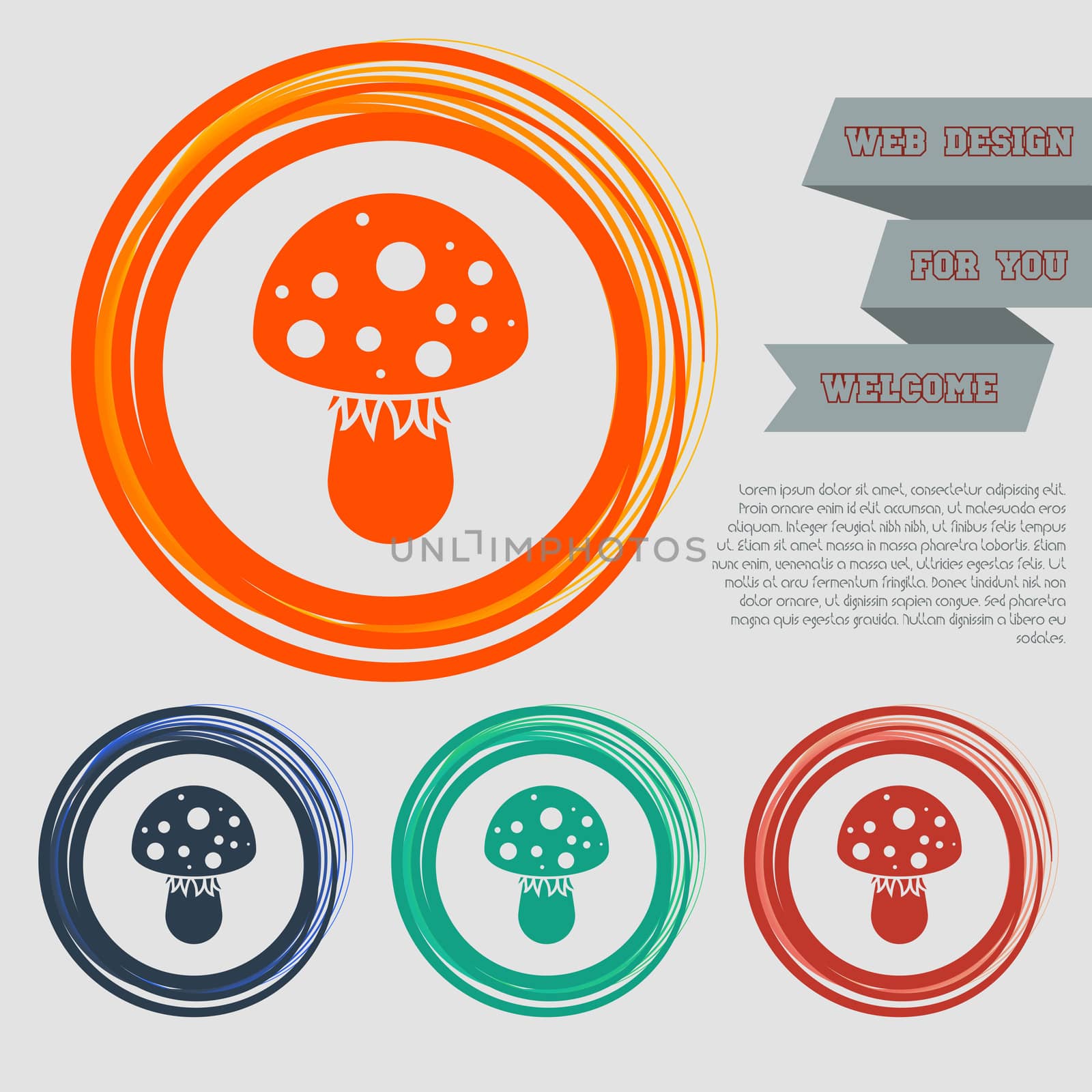 fly agaric mushroom icon on the red, blue, green, orange buttons for your website and design with space text.  by Adamchuk