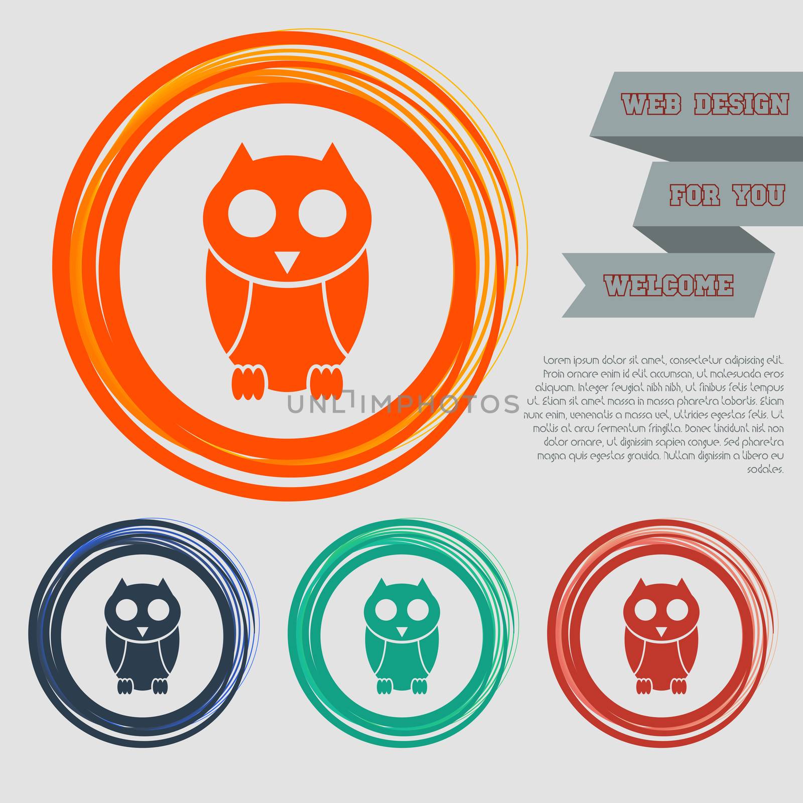 Cute owl cartoon character icon on the red, blue, green, orange buttons for your website and design with space text.  by Adamchuk