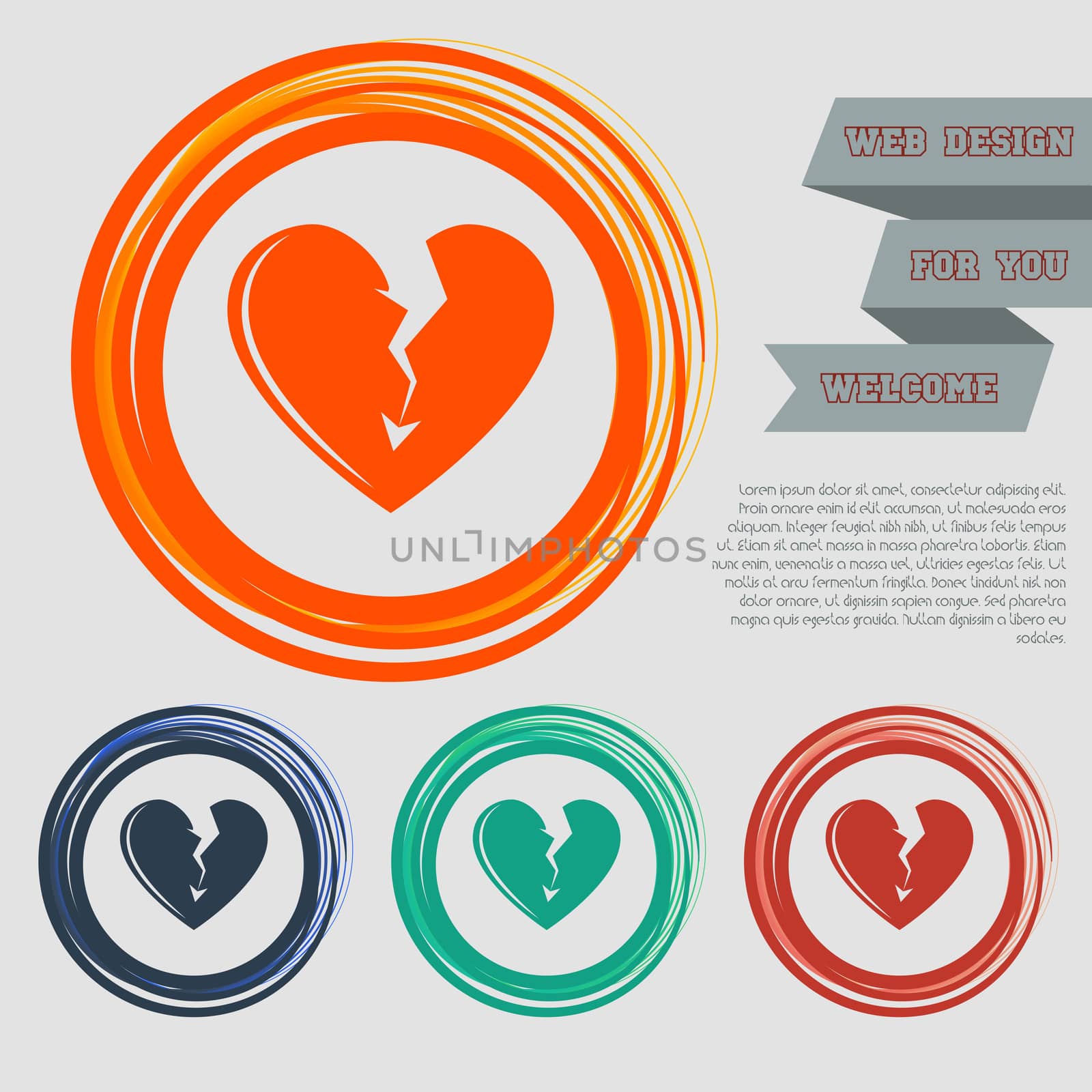Broken heart icon on the red, blue, green, orange buttons for your website and design with space text.  by Adamchuk