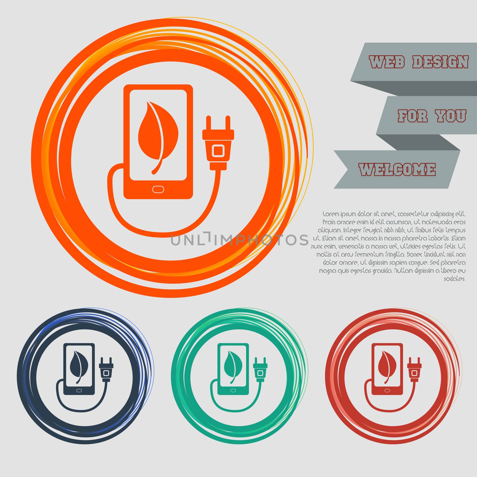 charge eco power, usb cable is connected to the phone icon on the red, blue, green, orange buttons for your website and design with space text.  by Adamchuk