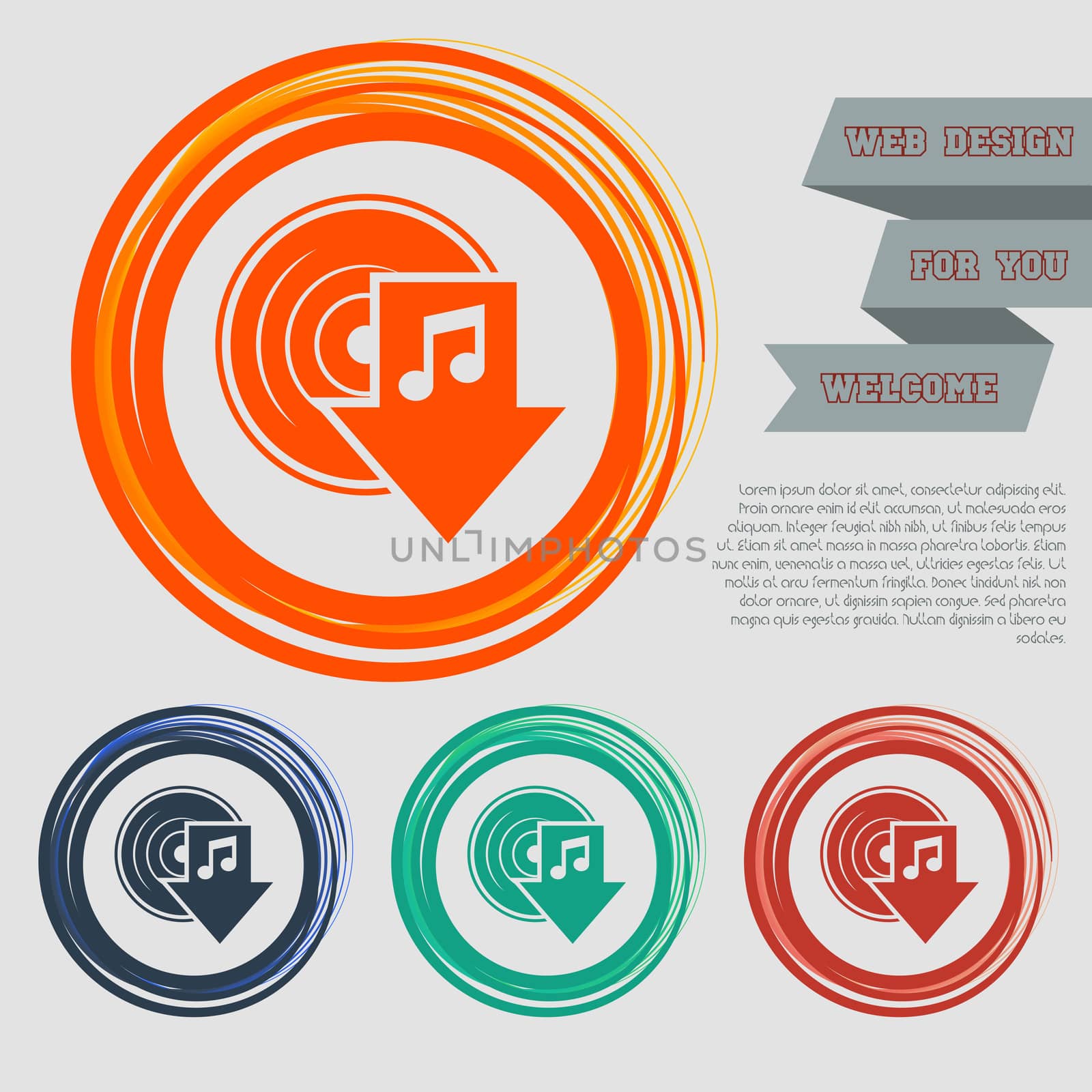 download music icon on the red, blue, green, orange buttons for your website and design with space text. illustration