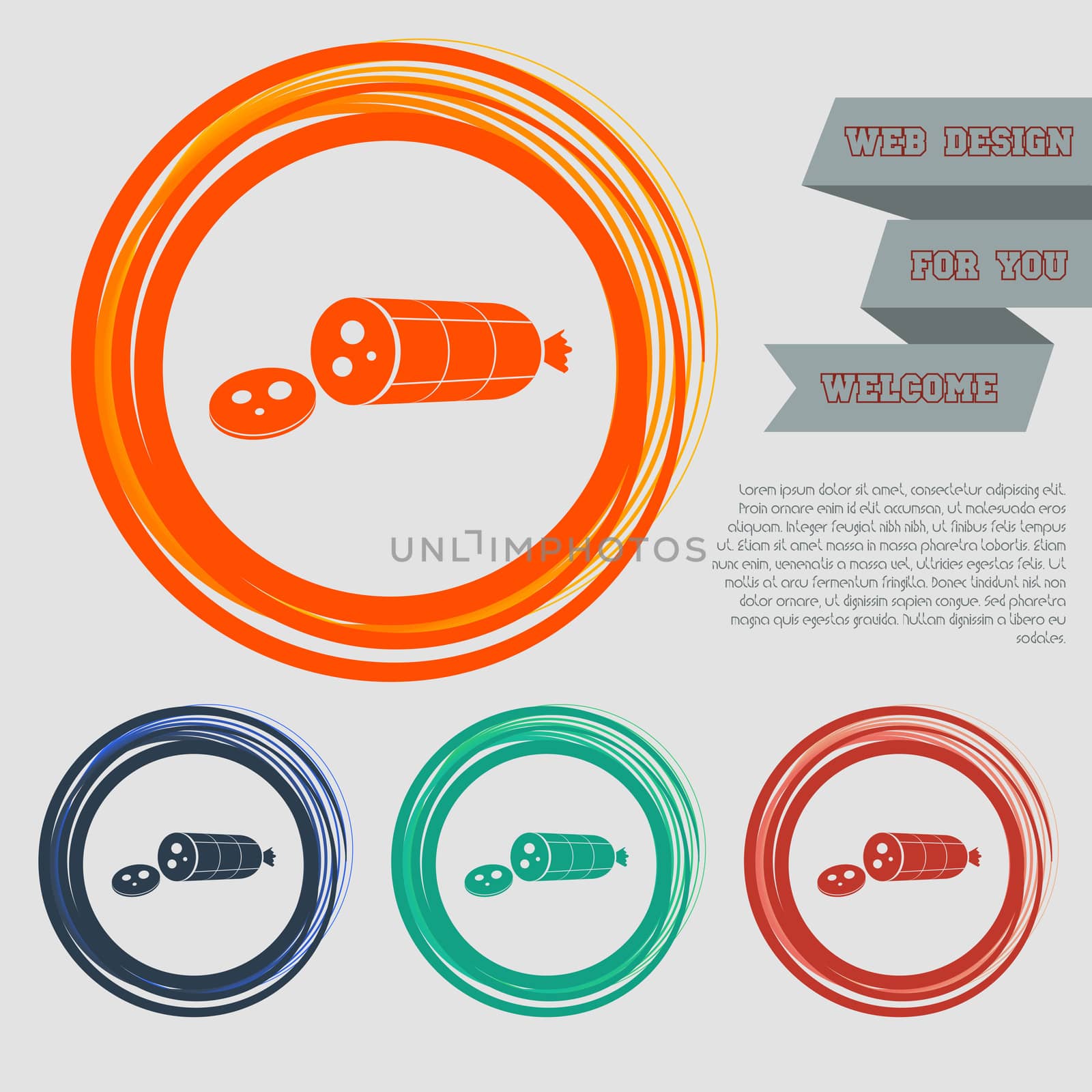 Smoked sausage sliced Icon on the red, blue, green, orange buttons for your website and design with space text. illustration