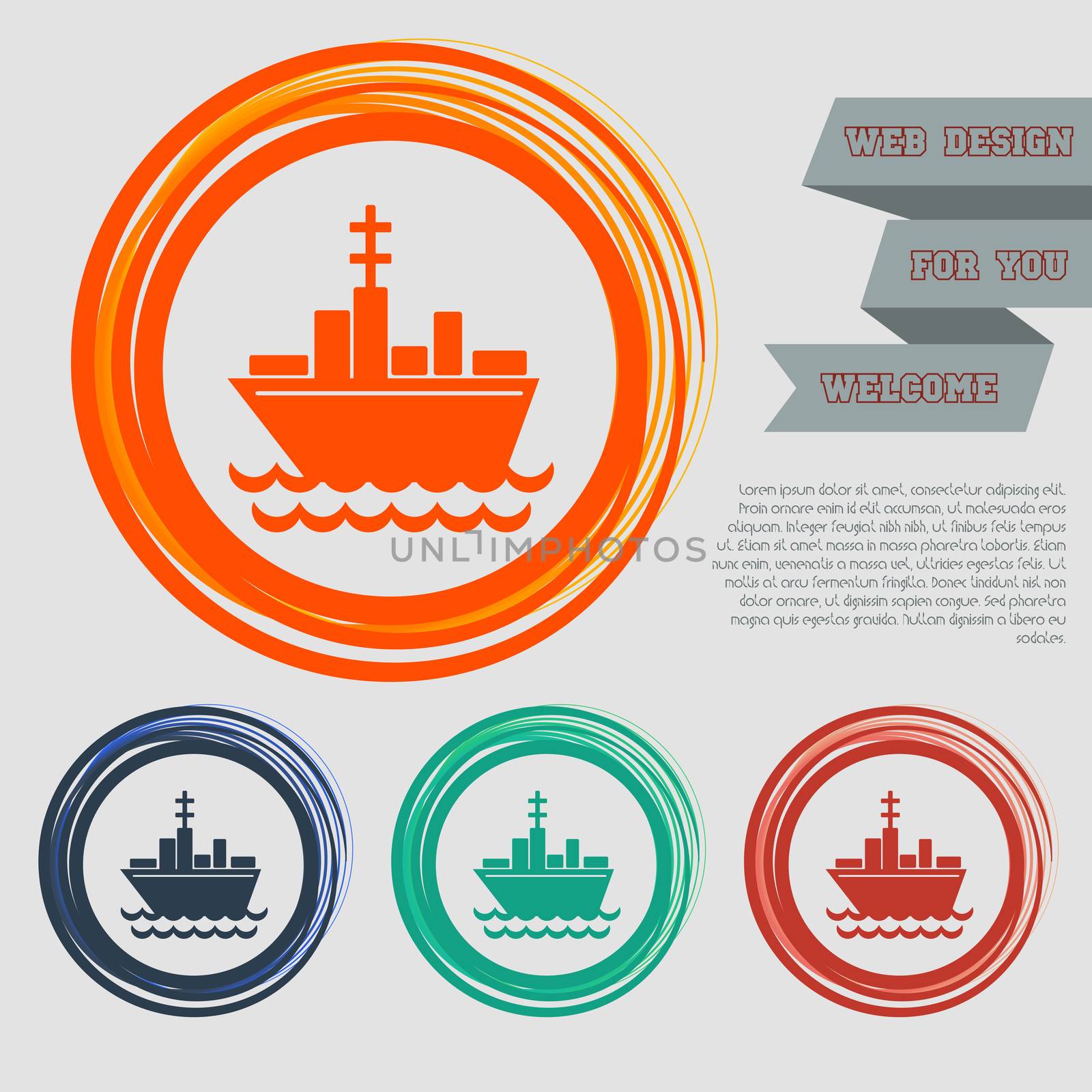 Ship boat icon on the red, blue, green, orange buttons for your website and design with space text.  by Adamchuk