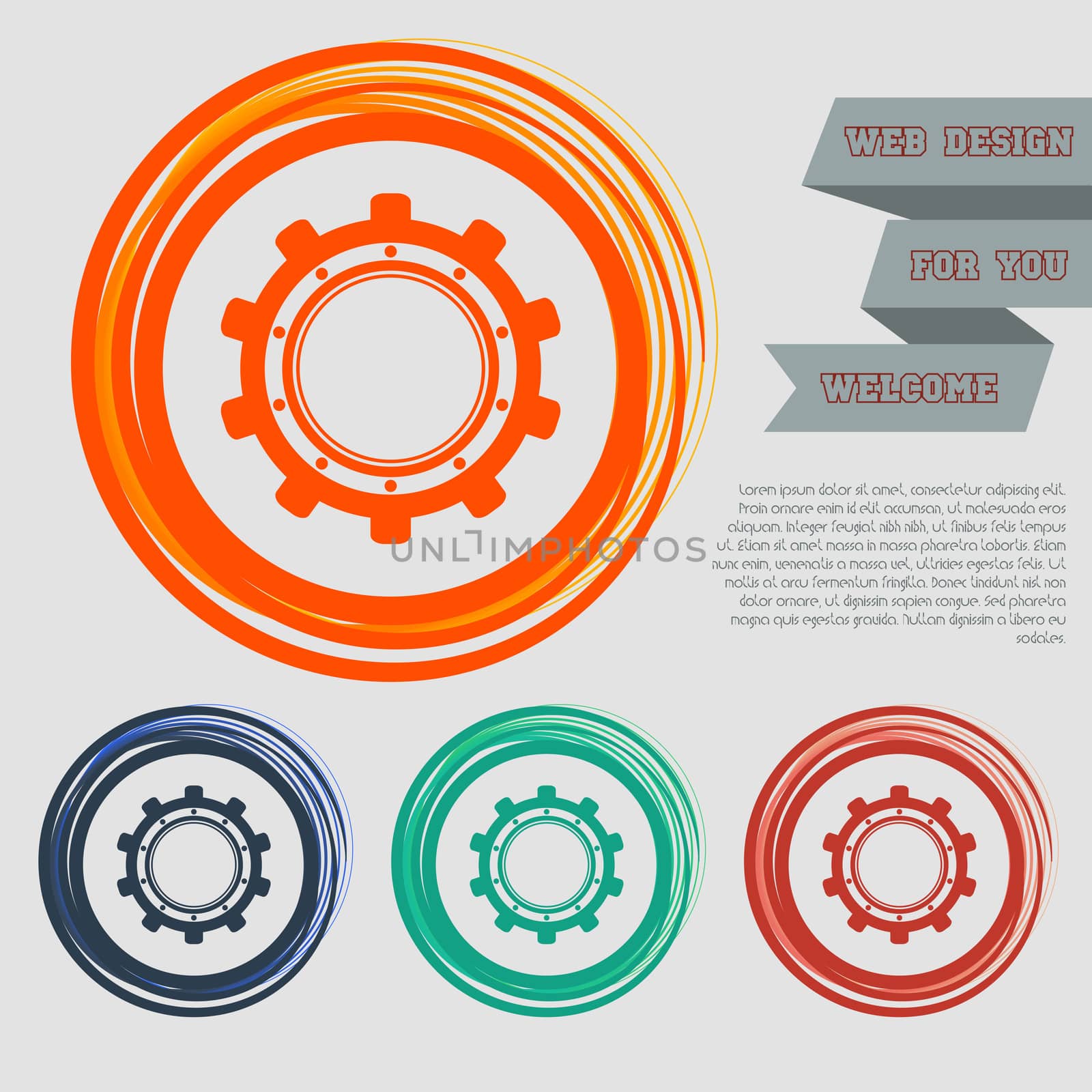 Gear, cog icon on the red, blue, green, orange buttons for your website and design with space text.  by Adamchuk