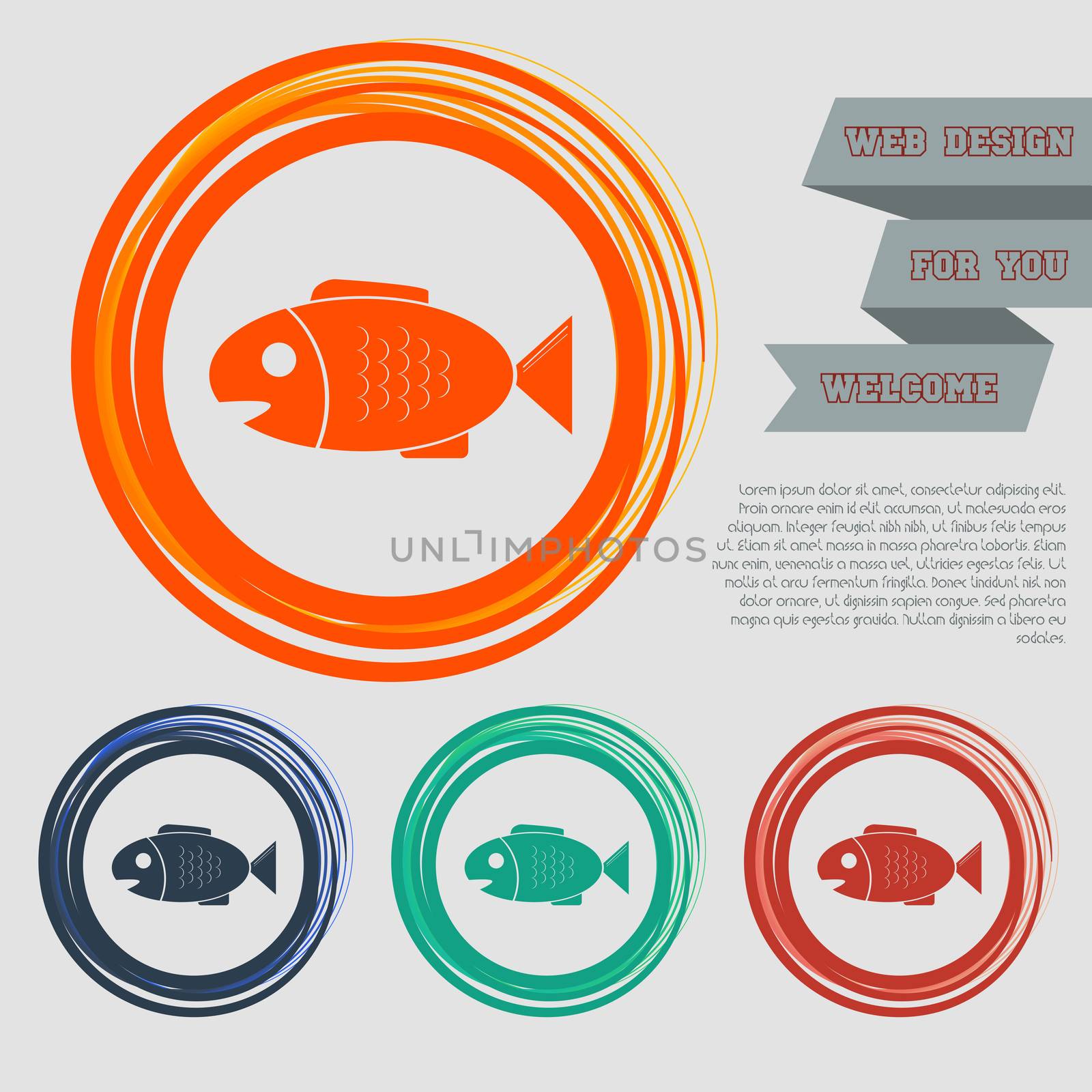 Fish icon on the red, blue, green, orange buttons for your website and design with space text. illustration