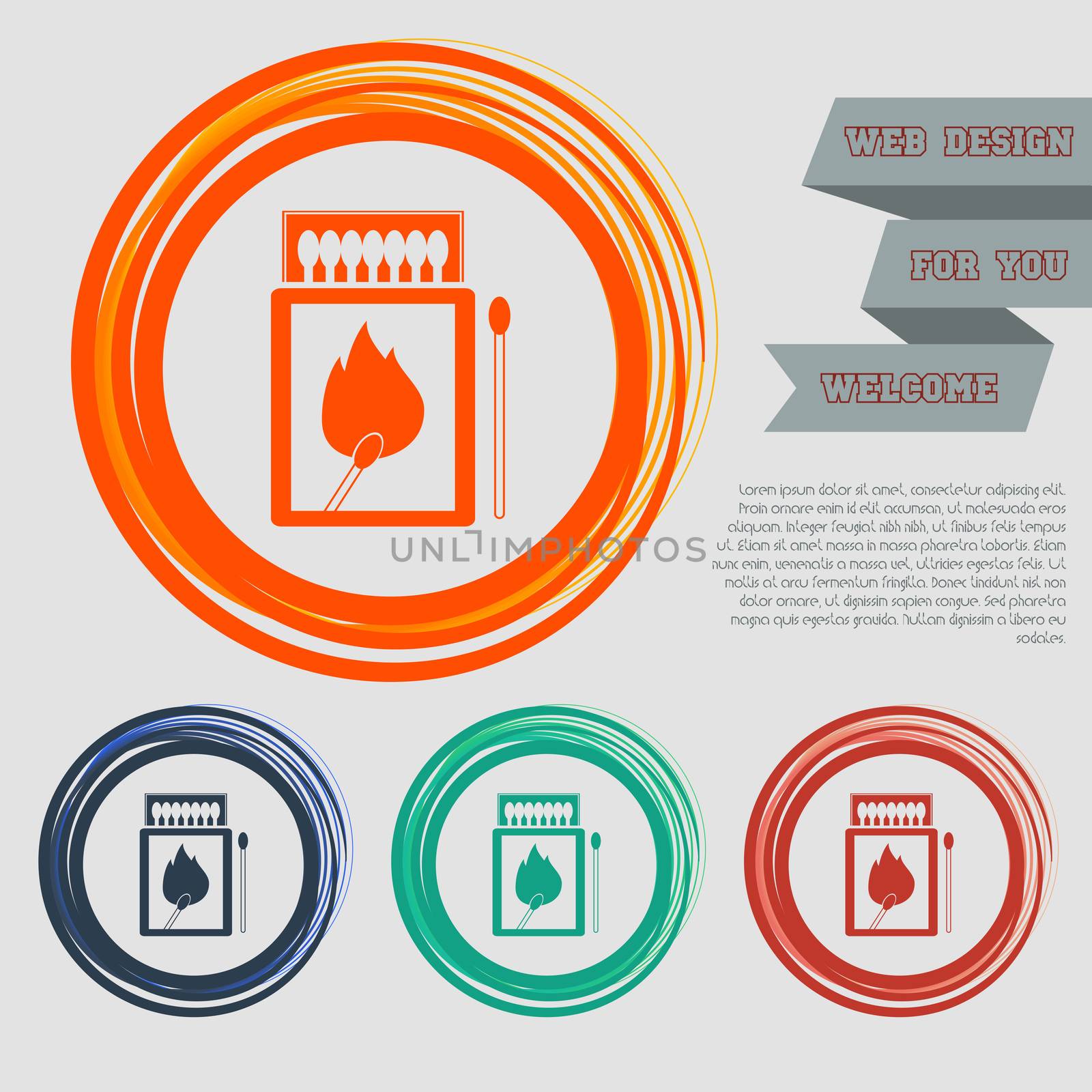 matchbox and matches icon on the red, blue, green, orange buttons for your website design with space text.  by Adamchuk