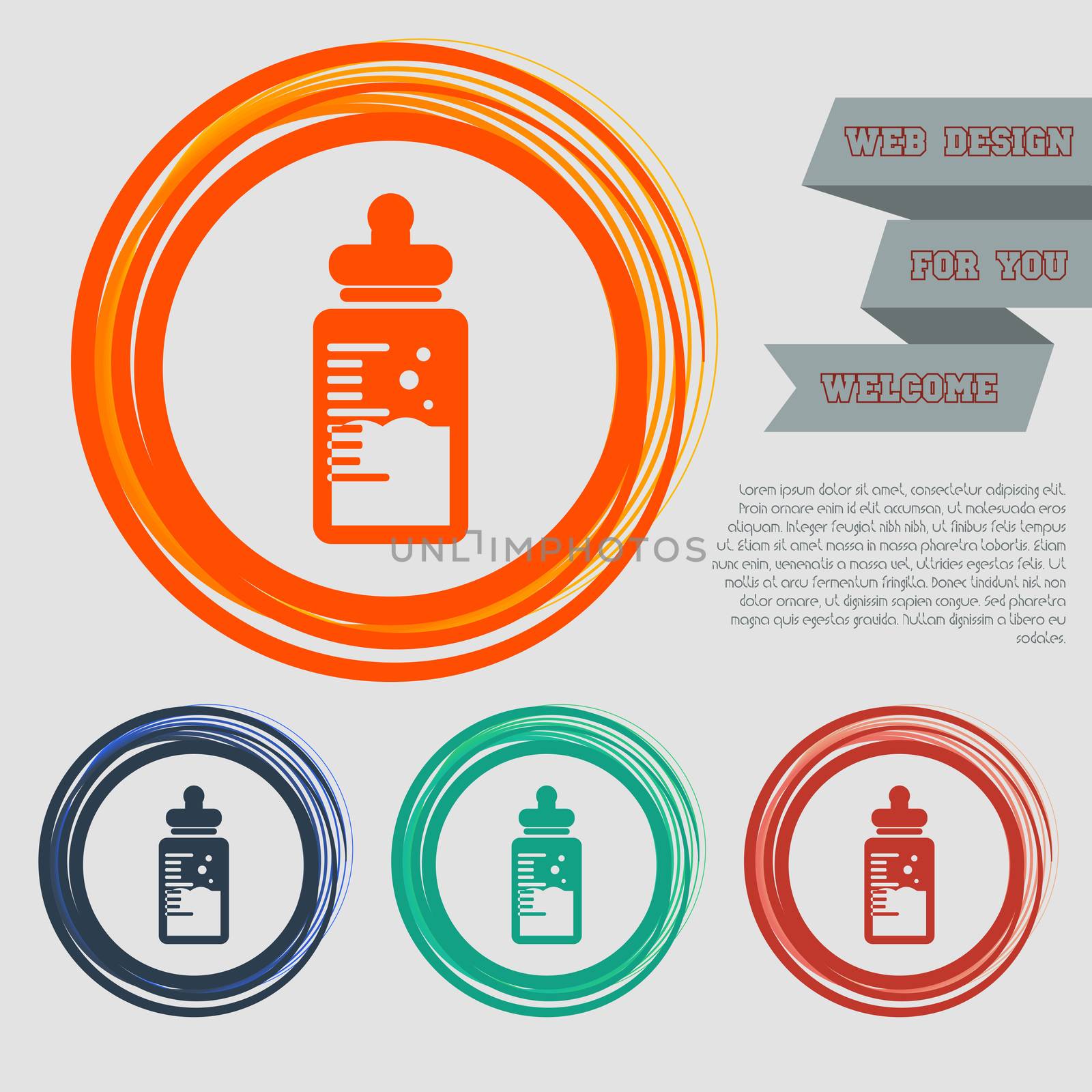 Baby milk bottle icon on the red, blue, green, orange buttons for your website and design with space text.  by Adamchuk