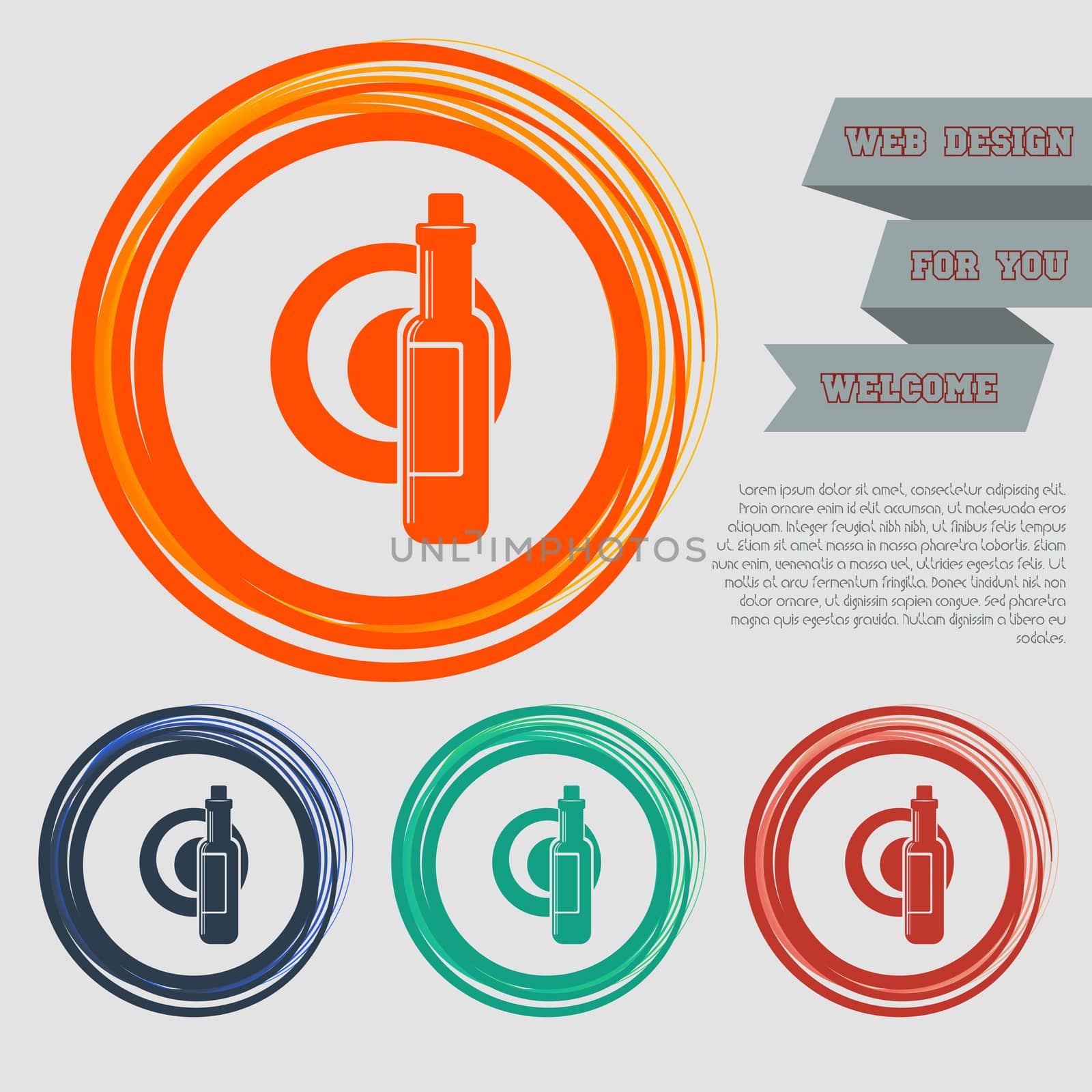 Beer, wine bottle on the red, blue, green, orange buttons for your website and design with space text.  by Adamchuk