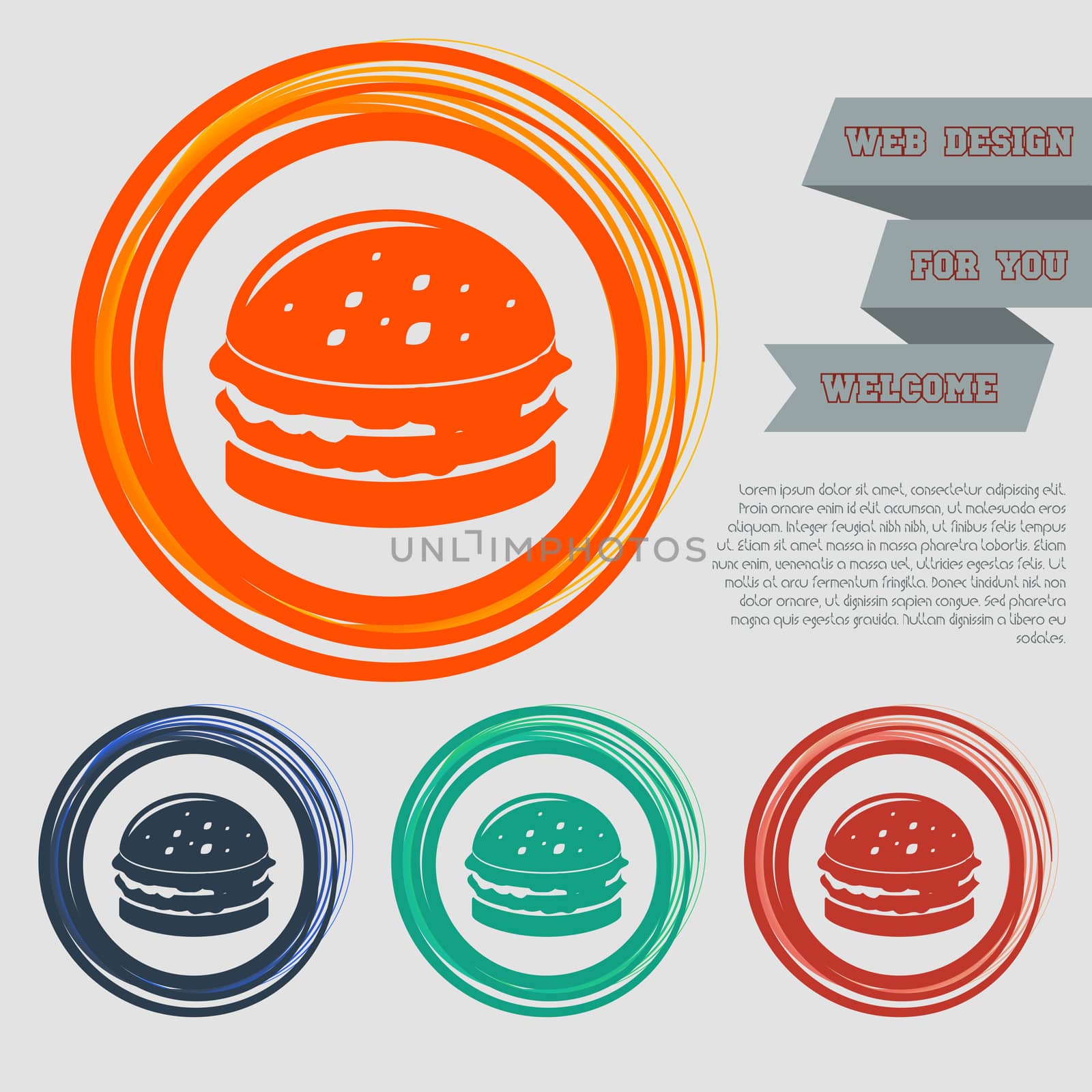 Burger, sandwich, hamburger icon on the red, blue, green, orange buttons for your website and design with space text.  by Adamchuk