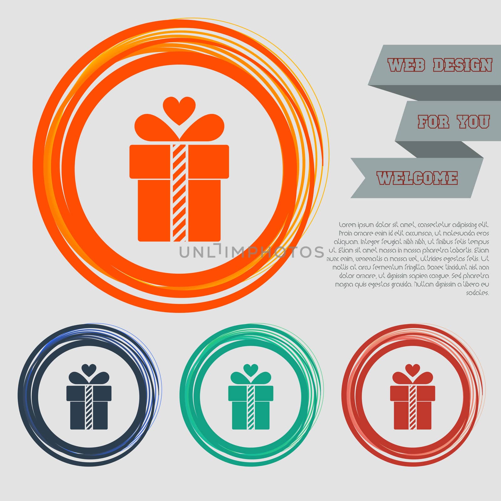 Gift box icon on the red, blue, green, orange buttons for your website and design with space text.  by Adamchuk