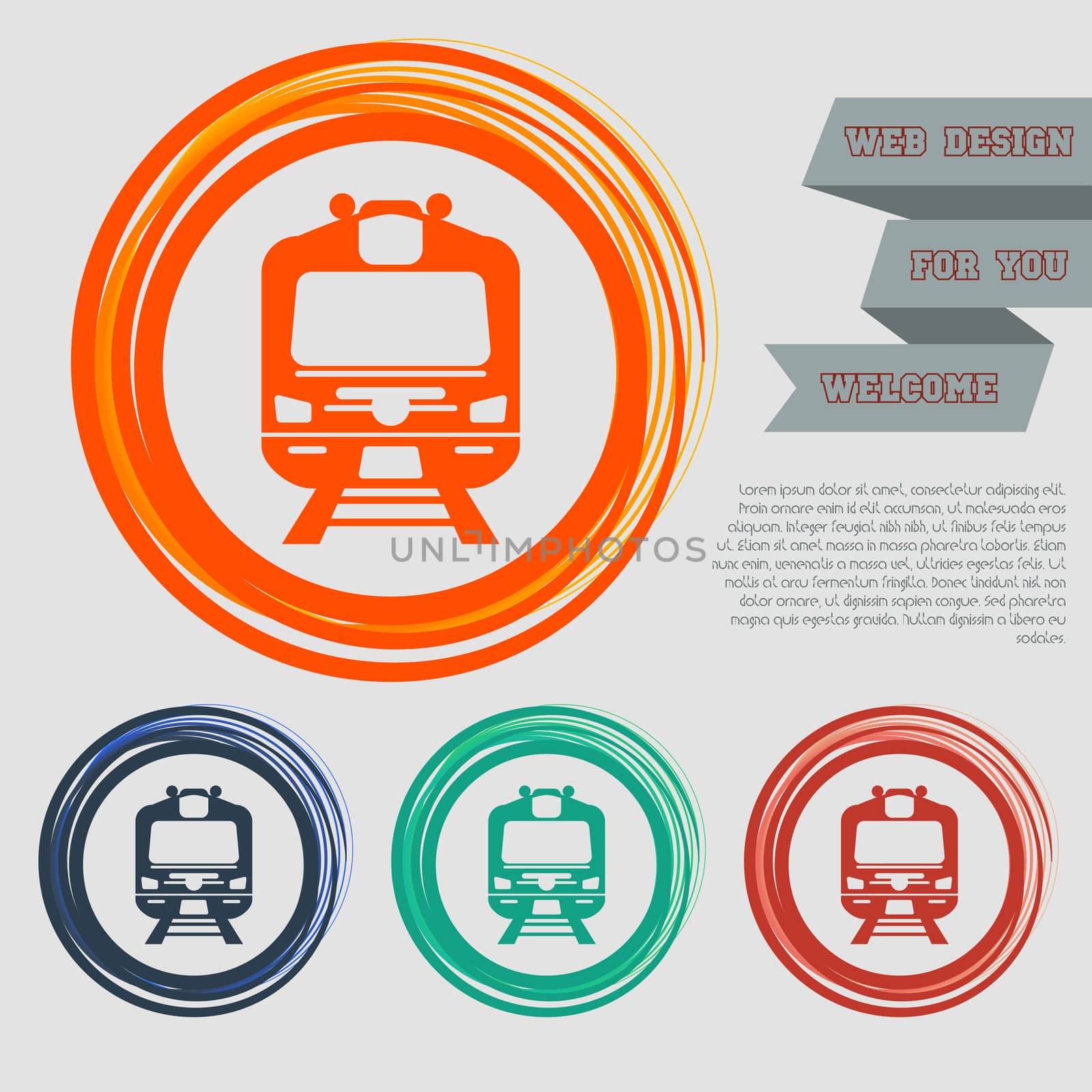 Train icon on the red, blue, green, orange buttons for your website and design with space text.  by Adamchuk