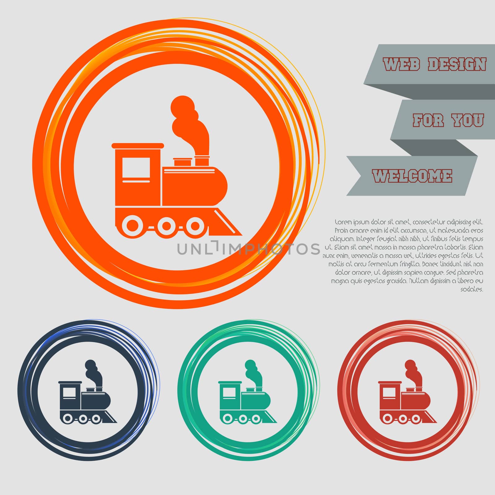 Train old classic steam engine locomotive icon on the red, blue, green, orange buttons for your website and design with space text.  by Adamchuk