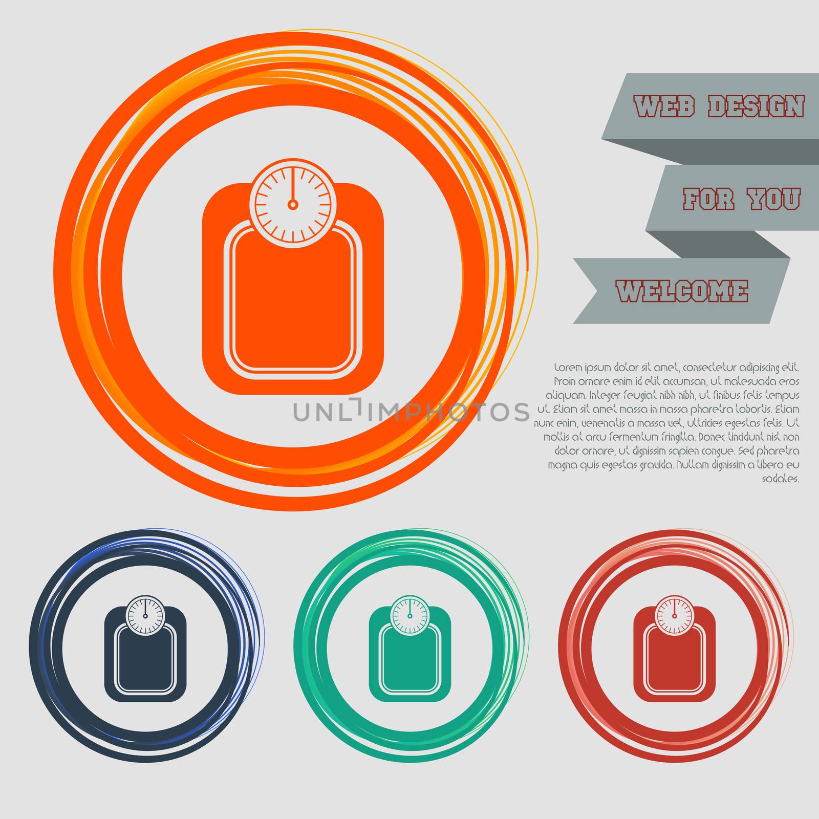 bathroom scales weighing calorie kilos kilogram icon on the red, blue, green, orange buttons for your website and design with space text. illustration