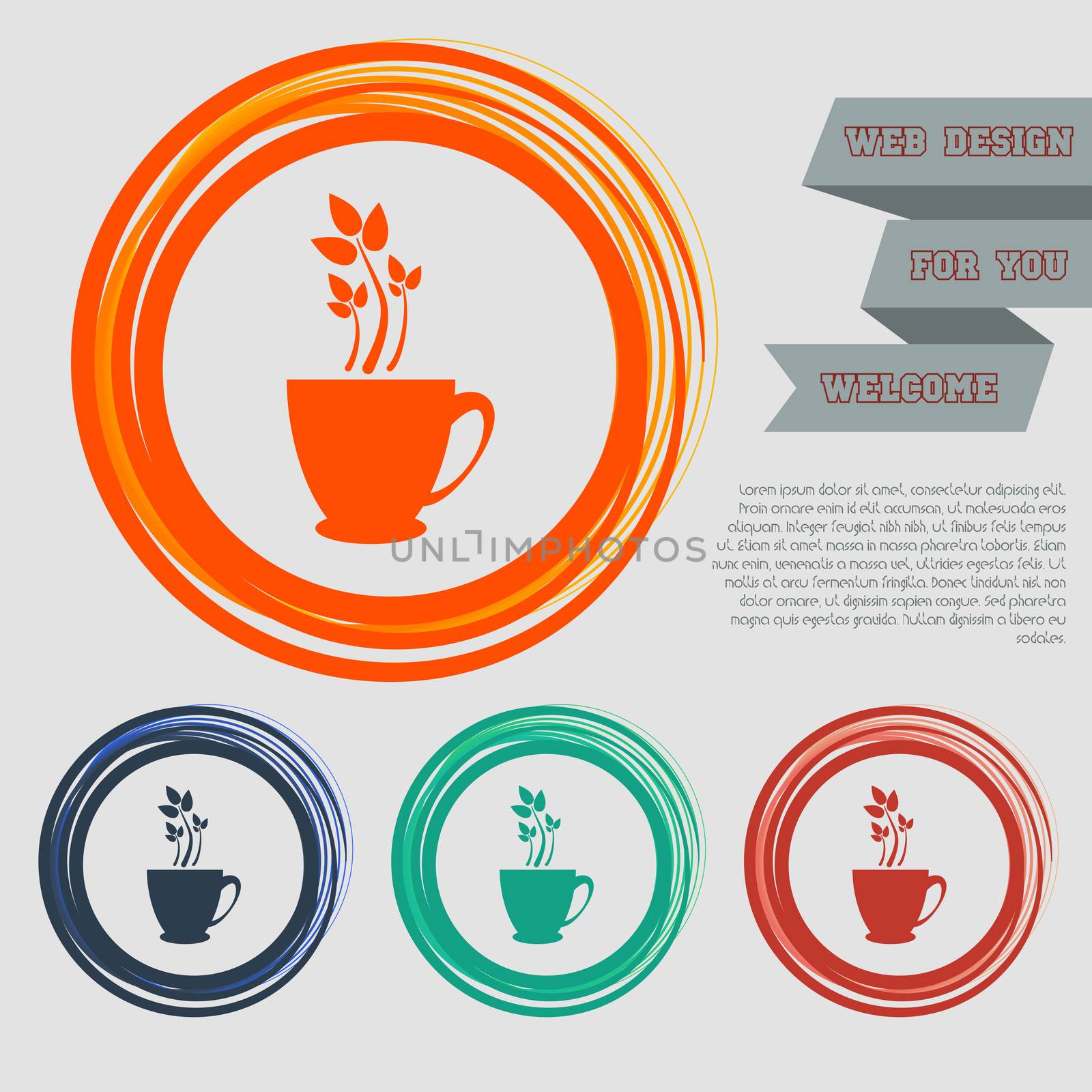 green tea icon on the red, blue, , orange buttons for your website and design with space text.  by Adamchuk