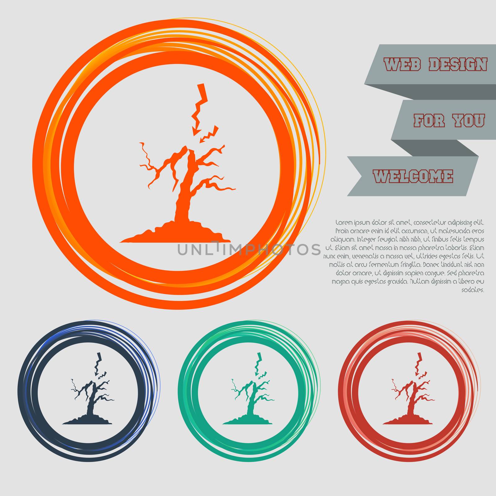 lightning and tree icon on the red, blue, green, orange buttons for your website and design with space text. illustration