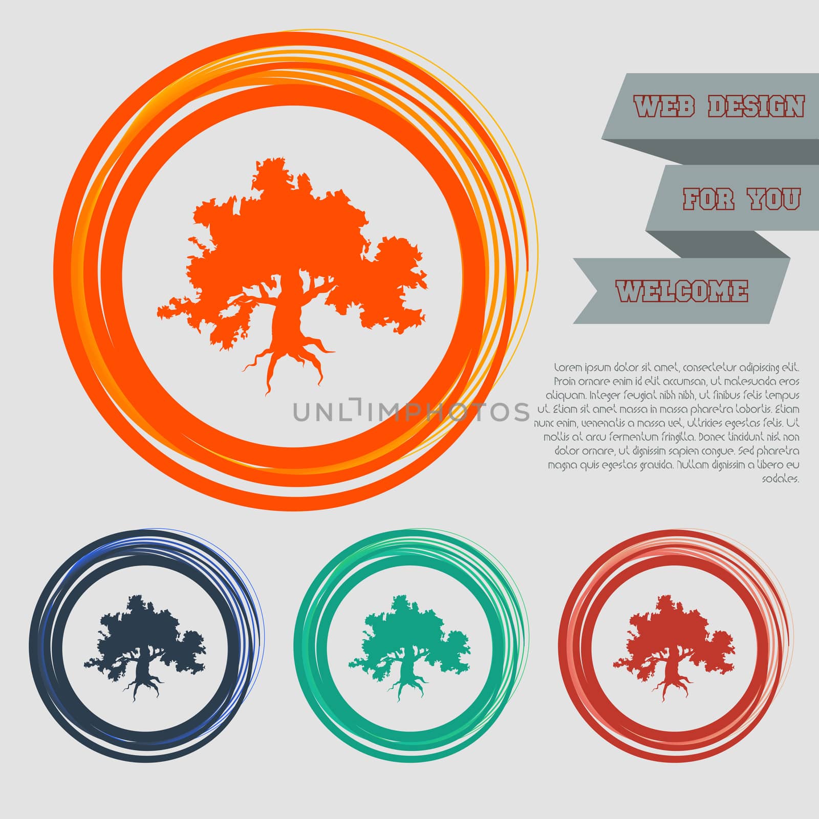 Decorative green simple tree icon on the red, blue, green, orange buttons for your website and design with space text. illustration