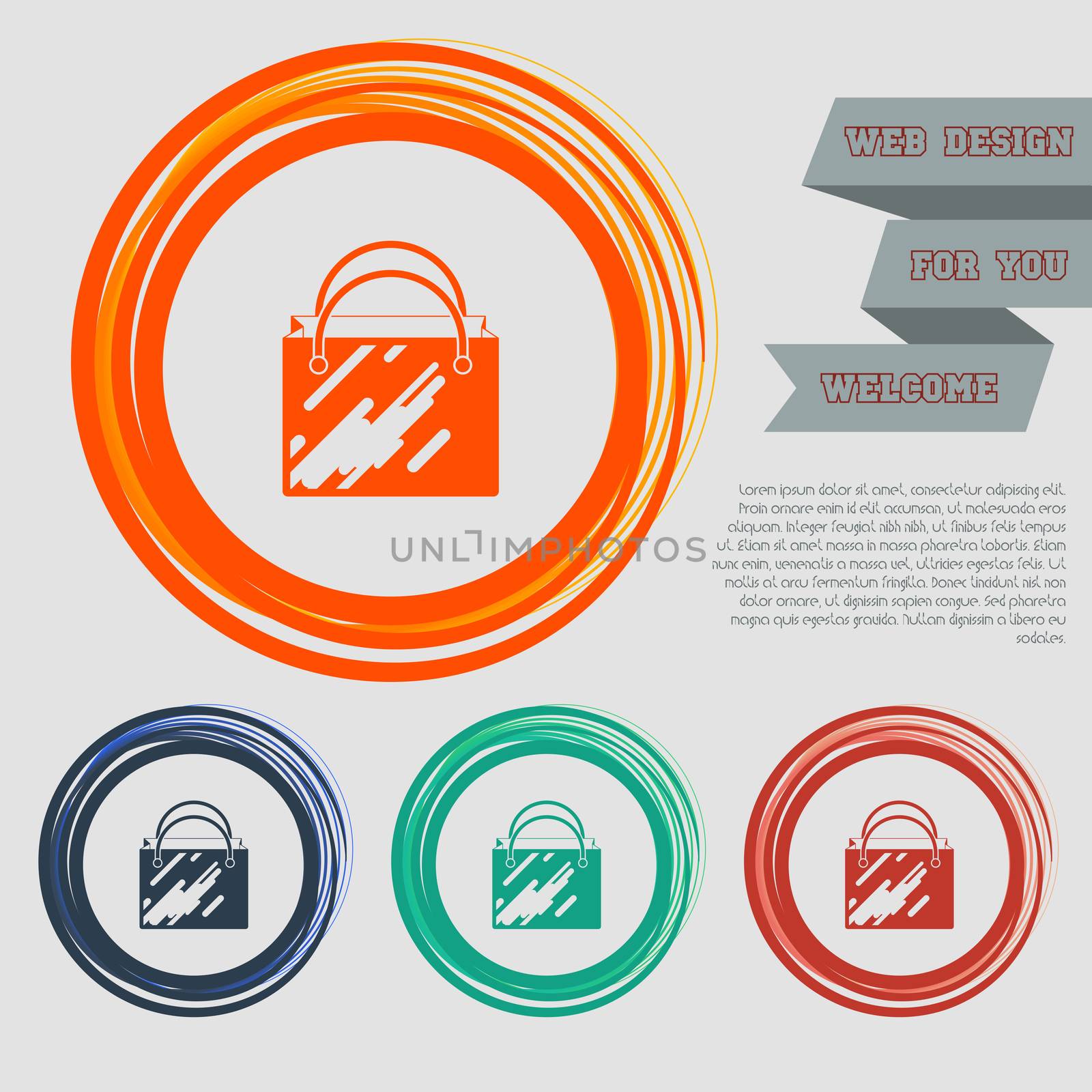 Shopping bag icon on the red, blue, green, orange buttons for your website and design with space text.  by Adamchuk