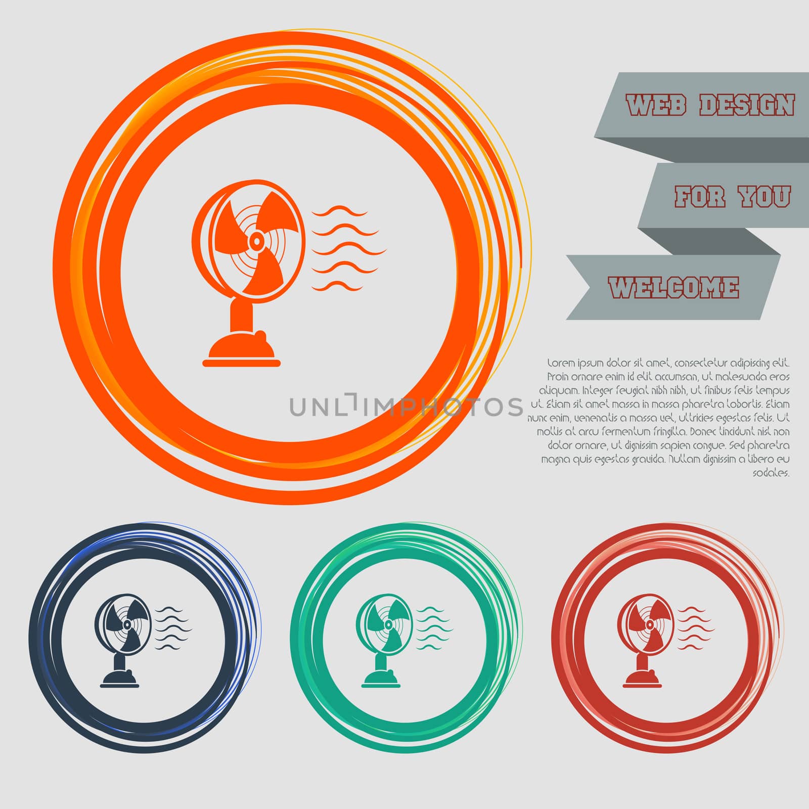 Fan icon on the red, blue, green, orange buttons for your website and design with space text.  by Adamchuk