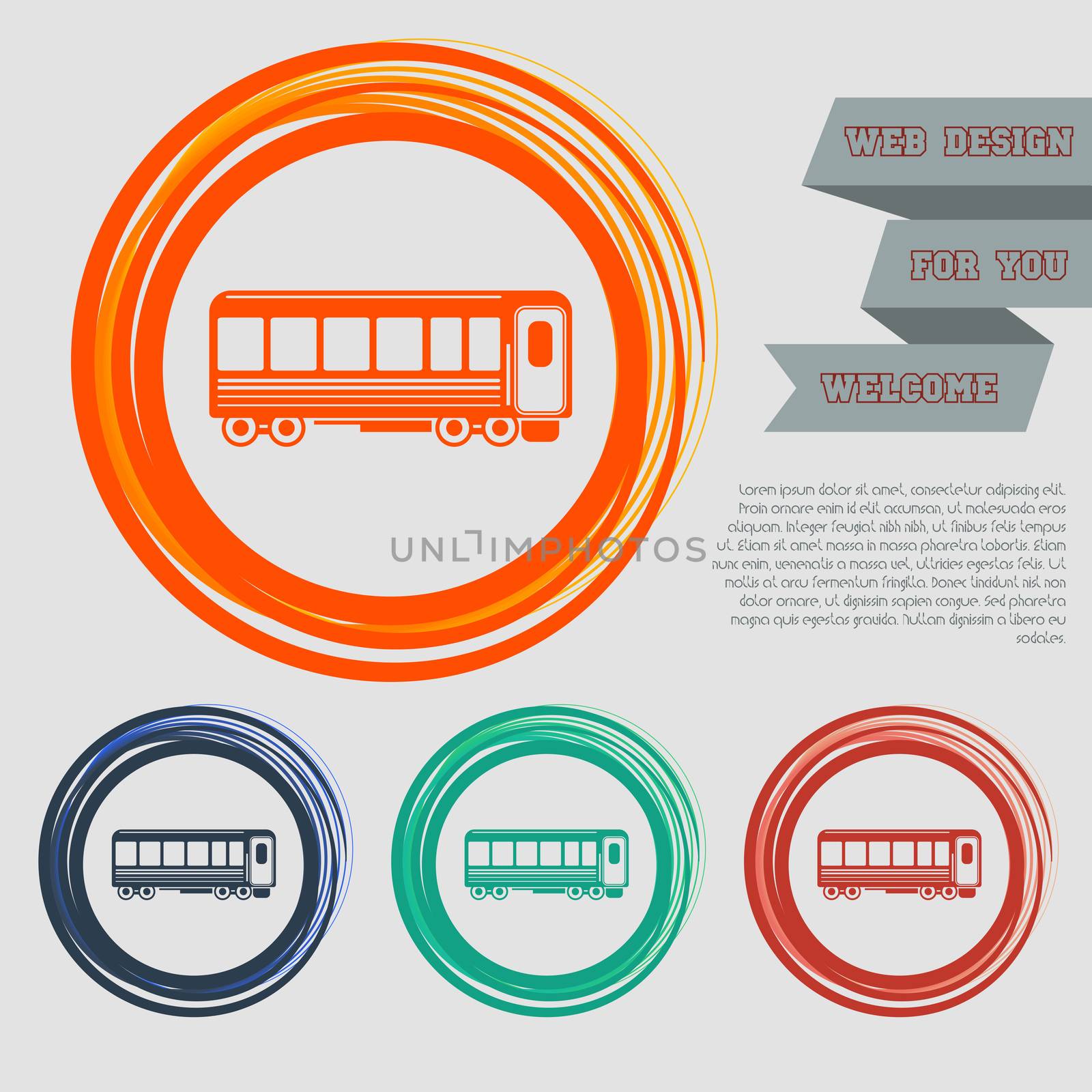 Passenger Wagons. Train icon on the red, blue, green, orange buttons for your website and design with space text. illustration