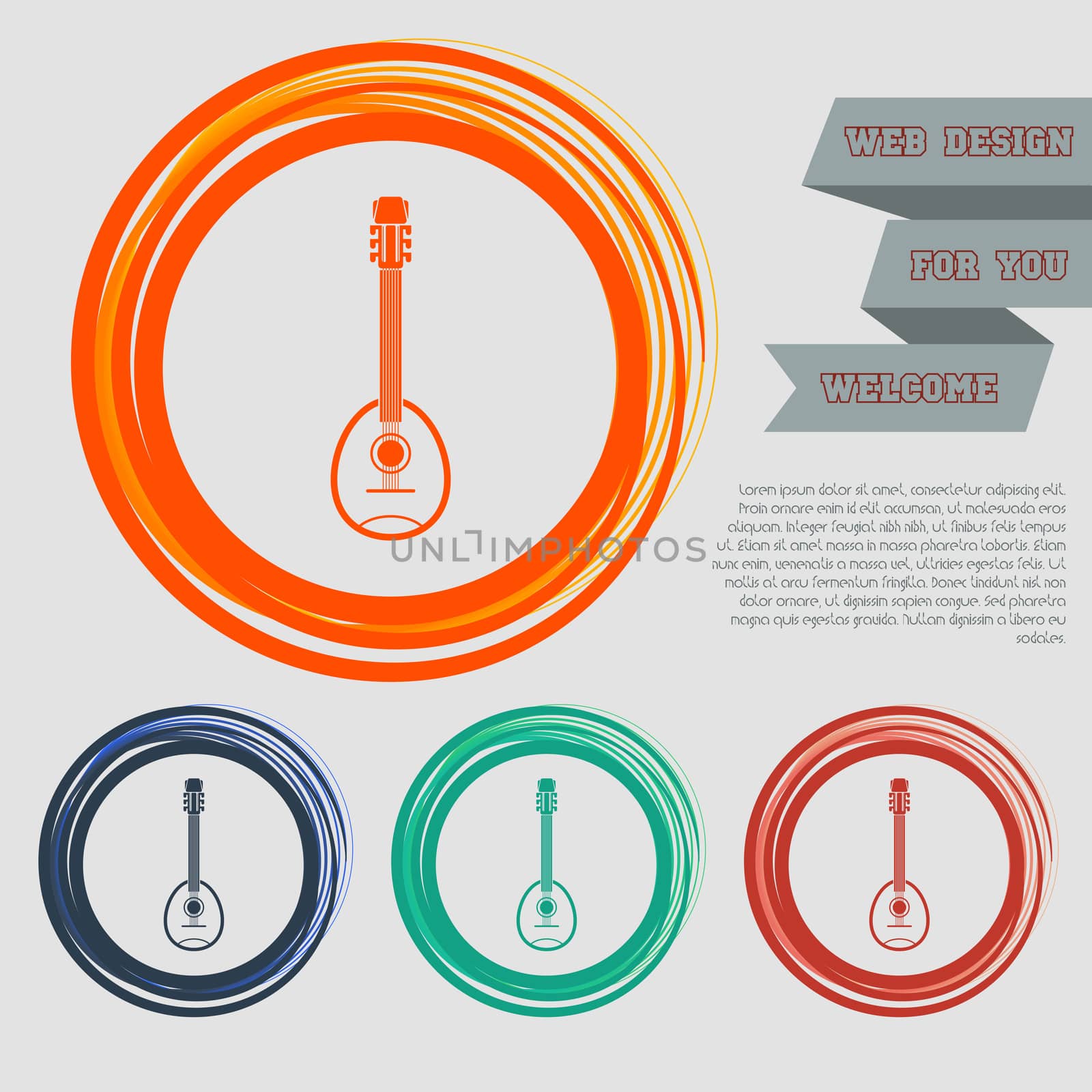 Guitar, music instrument icon on the red, blue, green, orange buttons for your website and design with space text.  by Adamchuk