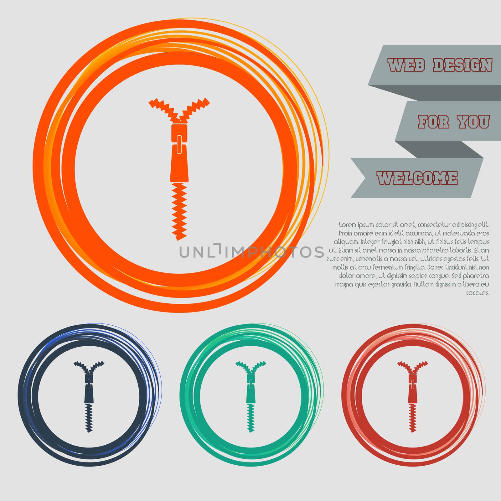 Zip icon on the red, blue, green, orange buttons for your website and design with space text.  by Adamchuk