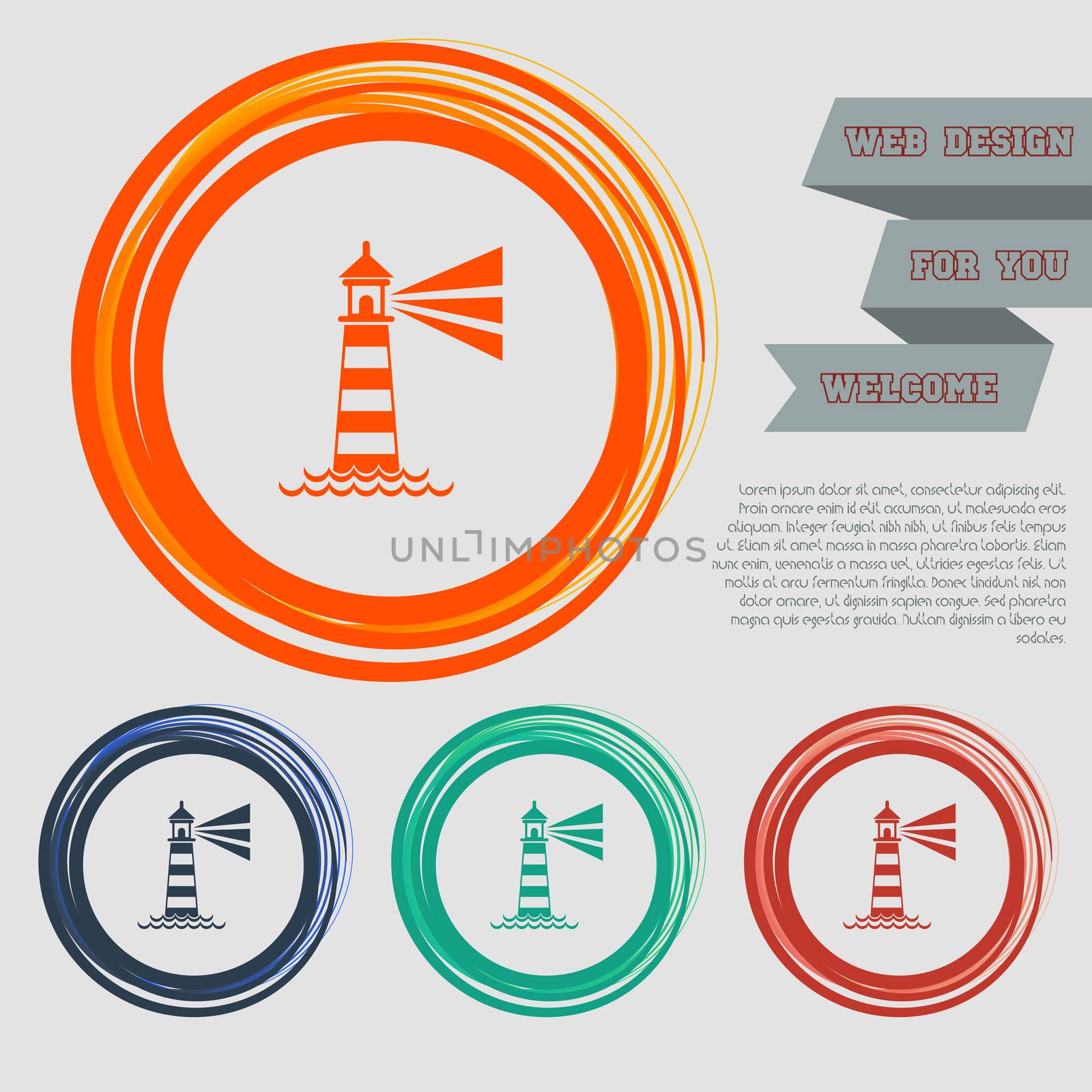 Lighthouse icon on the red, blue, green, orange buttons for your website and design with space text.  by Adamchuk