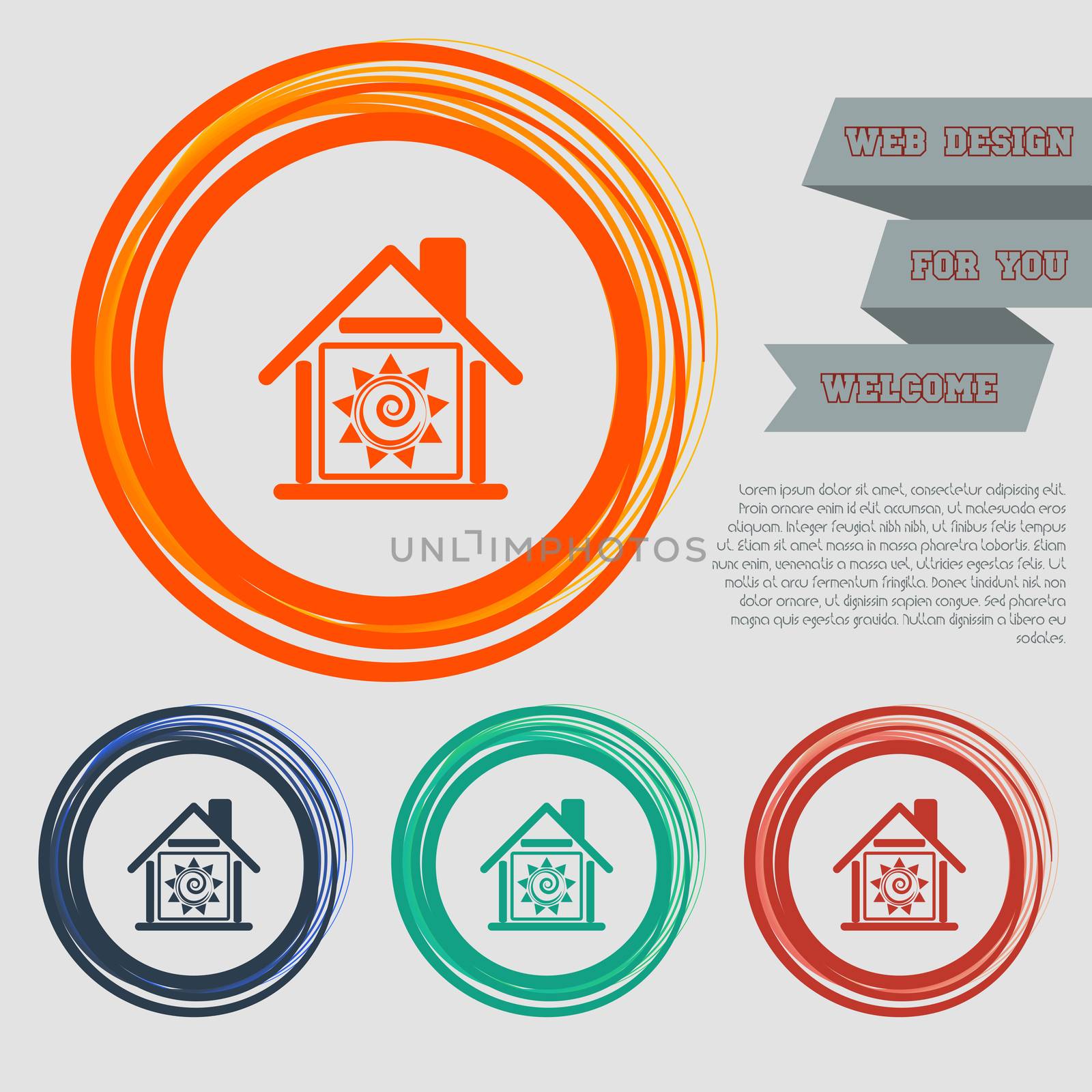 warm Home icon on the red, blue, green, orange buttons for your website and design with space text.  by Adamchuk